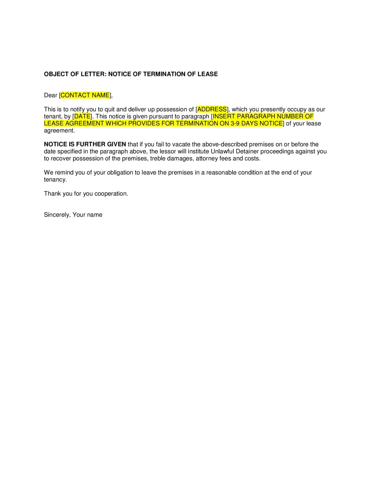 Sample Letter Notice Termination Lease Agreement Letter