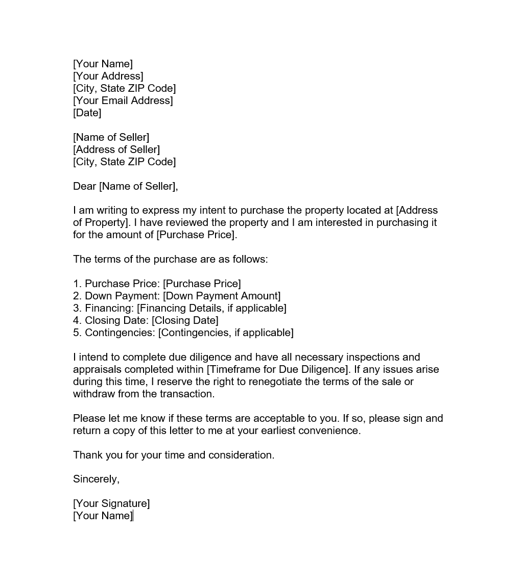 Letter Of Intent For Real Estate Purchase Forms Docs 2023