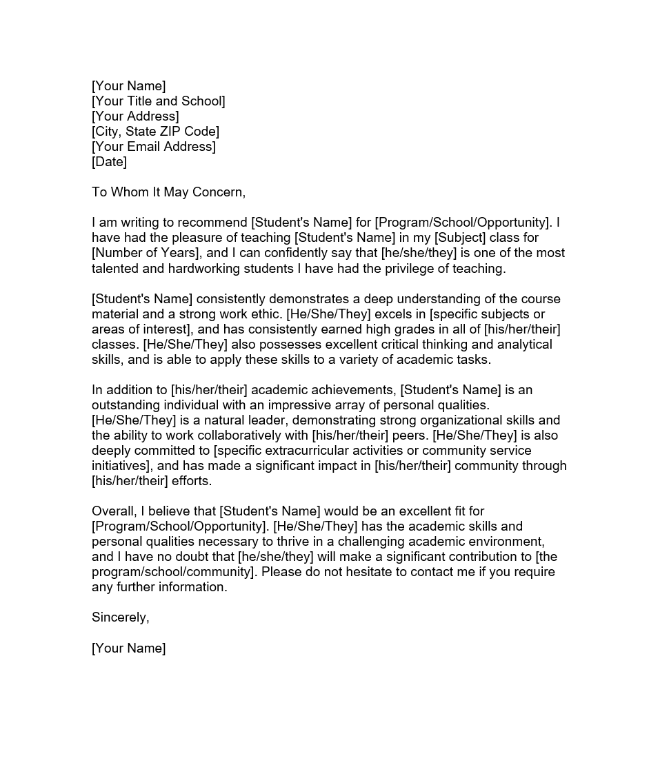 Letter of Recommendation from Teacher | Forms - Docs - 2023