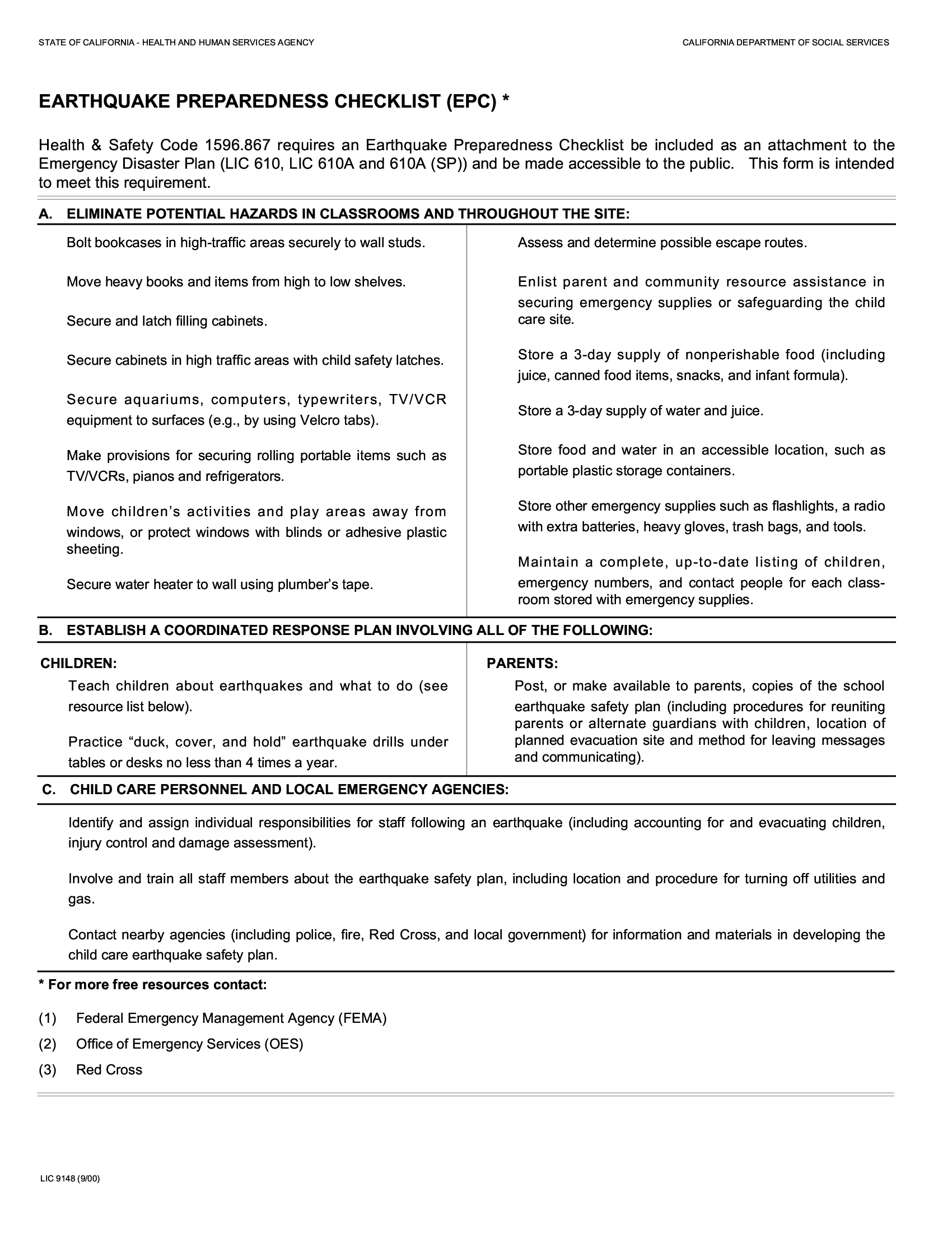 Form Lic 9148 Earthquake Preparedness Checklist Epc Forms Docs 2023 0605