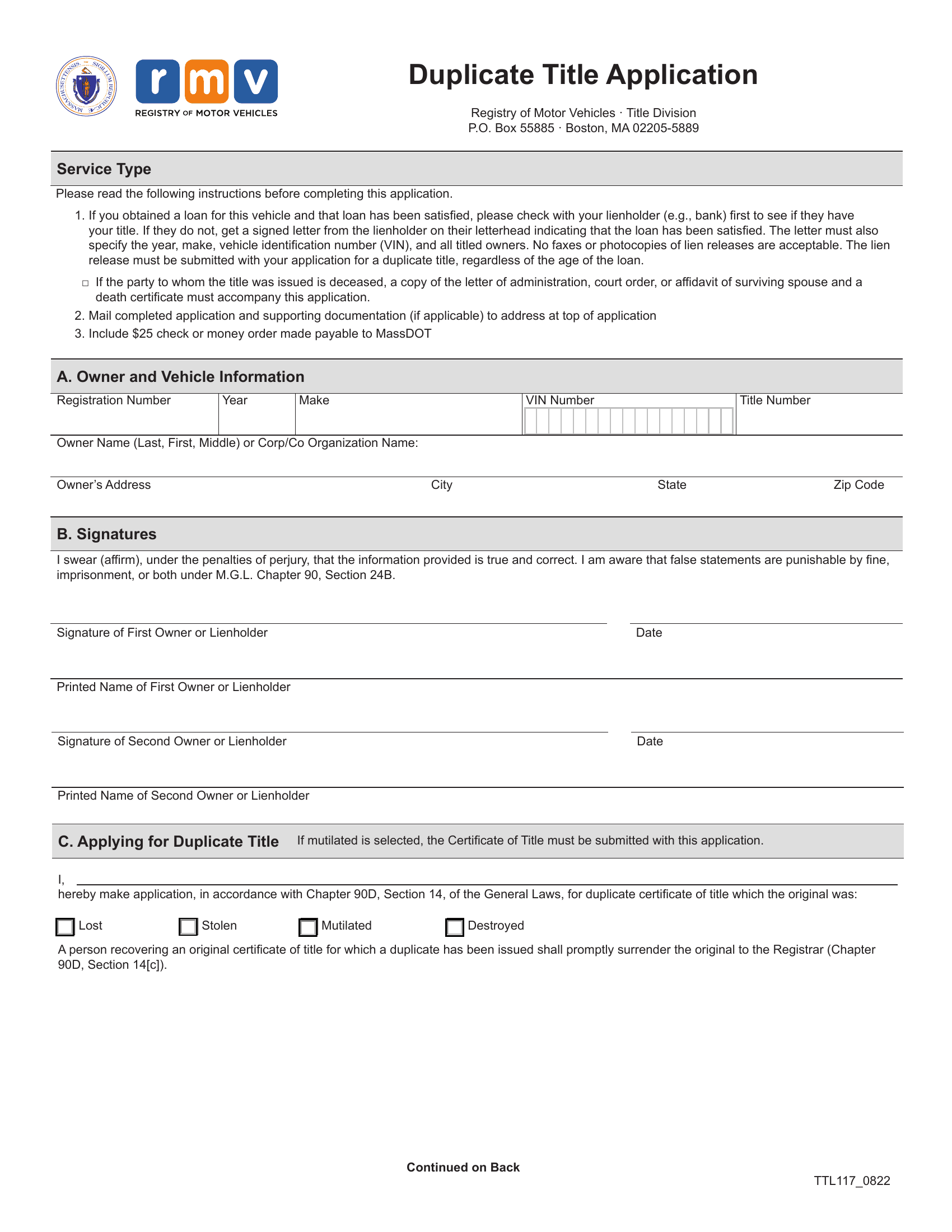 Mass RMV Application For Duplicate Certificate Of Title Forms