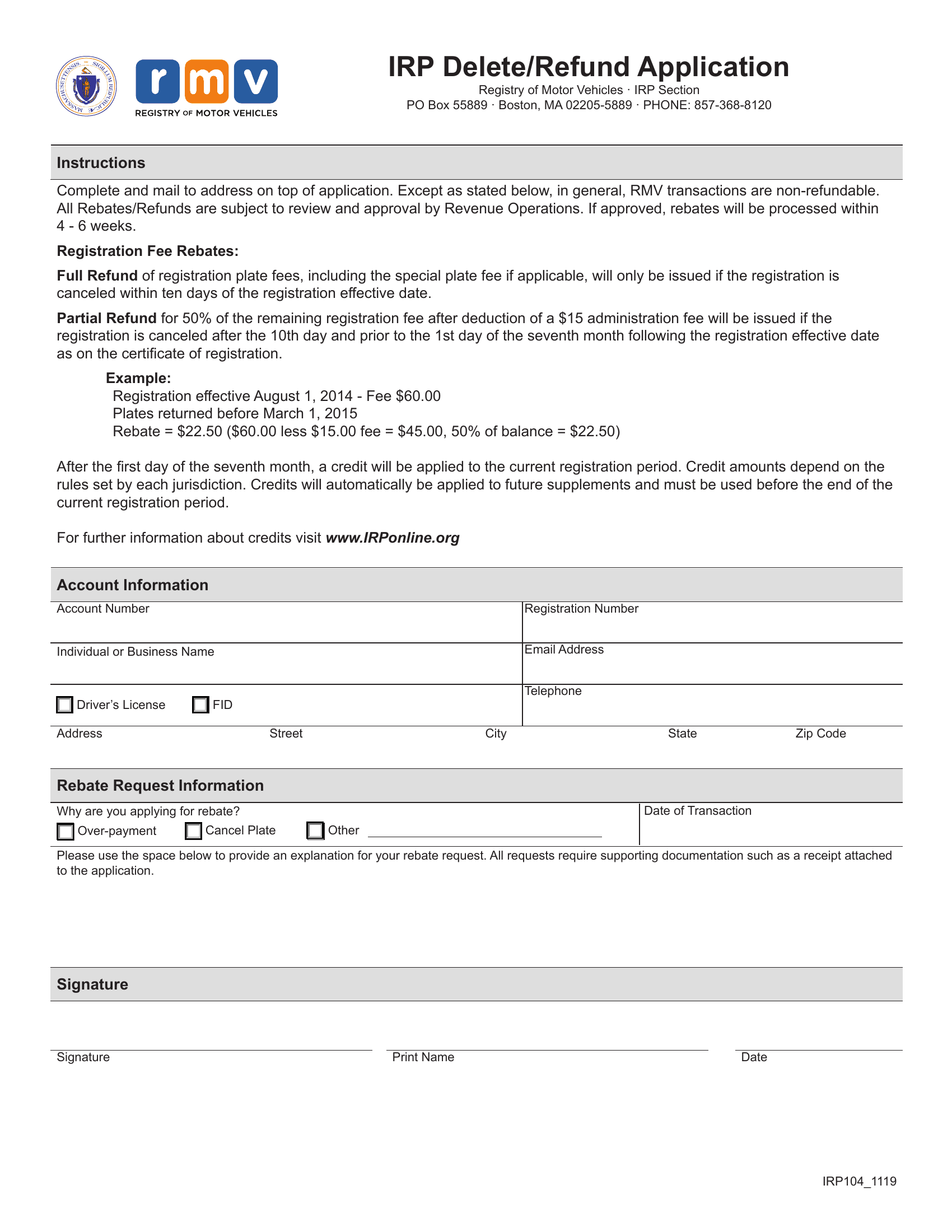 Mass Rmv Irp Refundrebate Application Forms Docs 2023 7420