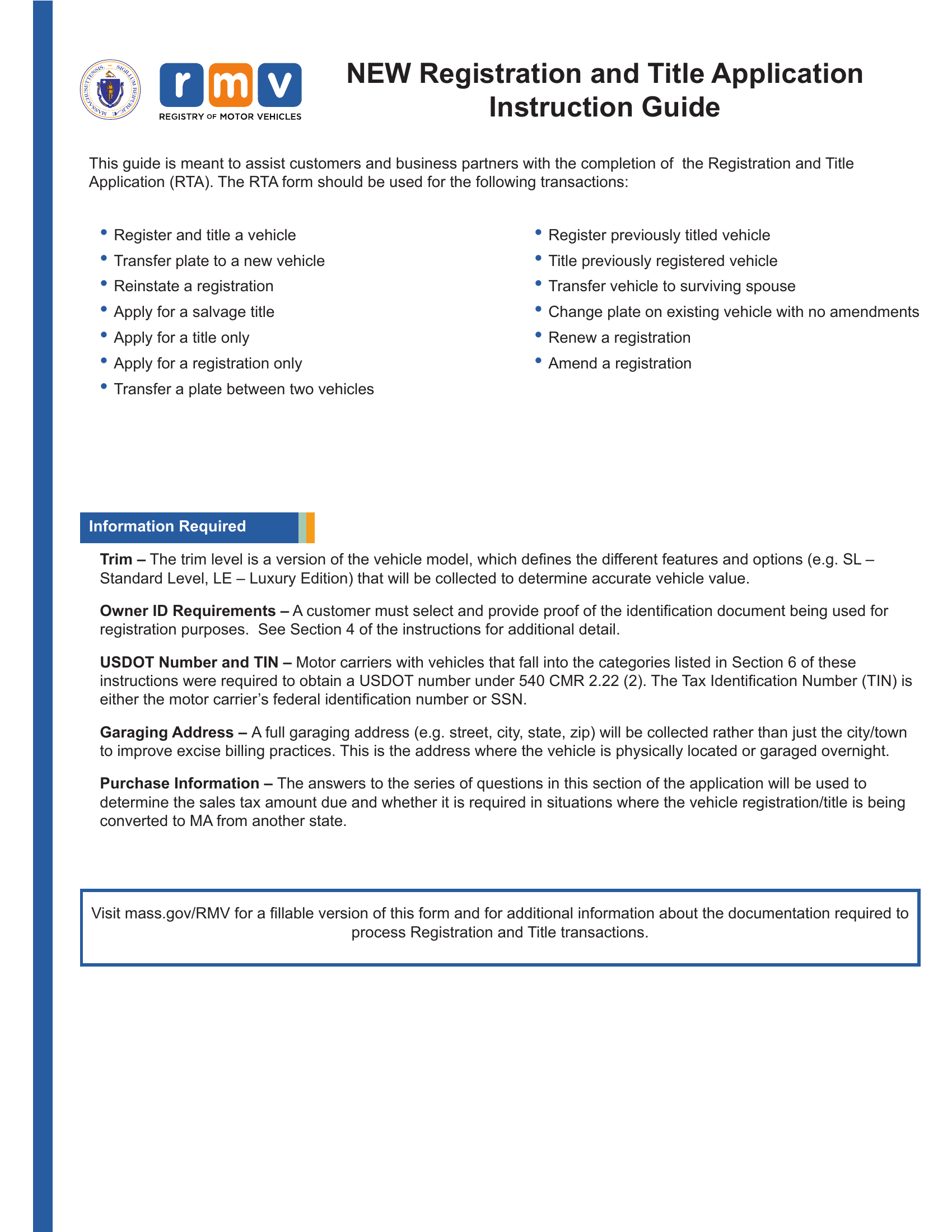 Mass Rmv Registration And Title Application Instruction Guide Forms Docs 2023 0958