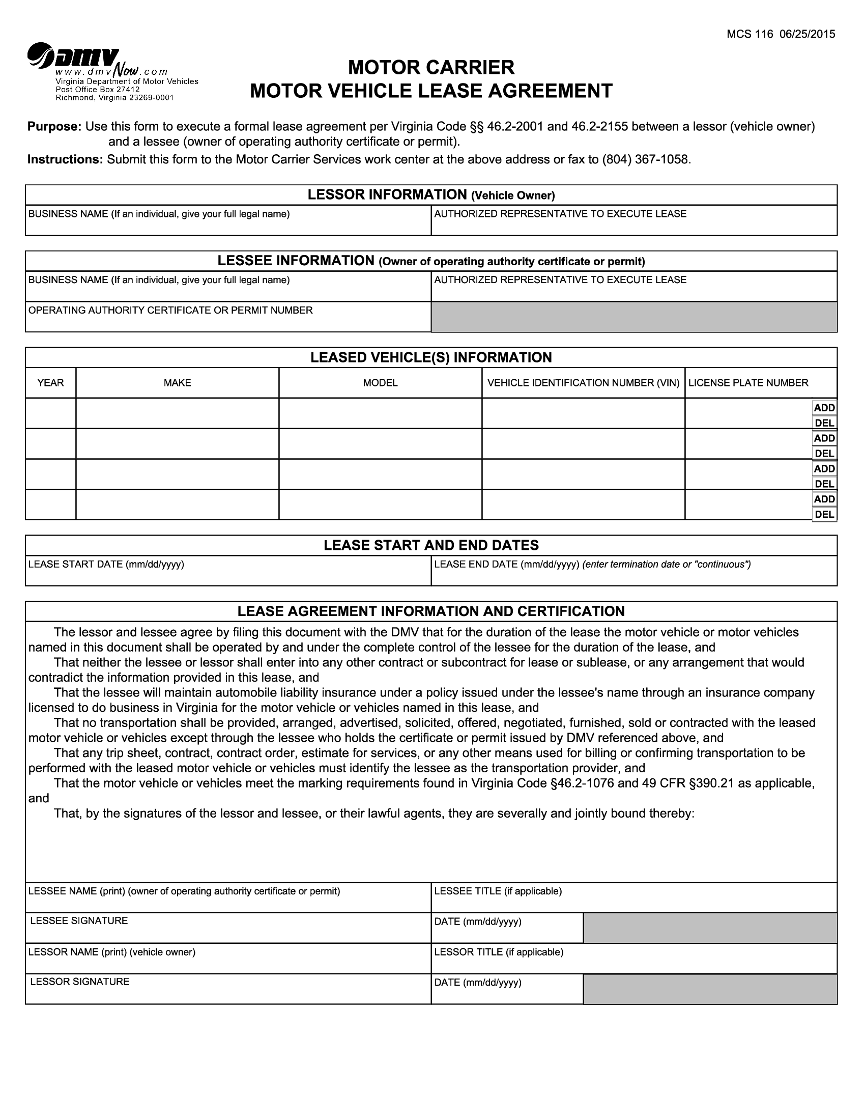 Form MCS 116. Motor Carrier Motor Vehicle Lease Agreement Forms