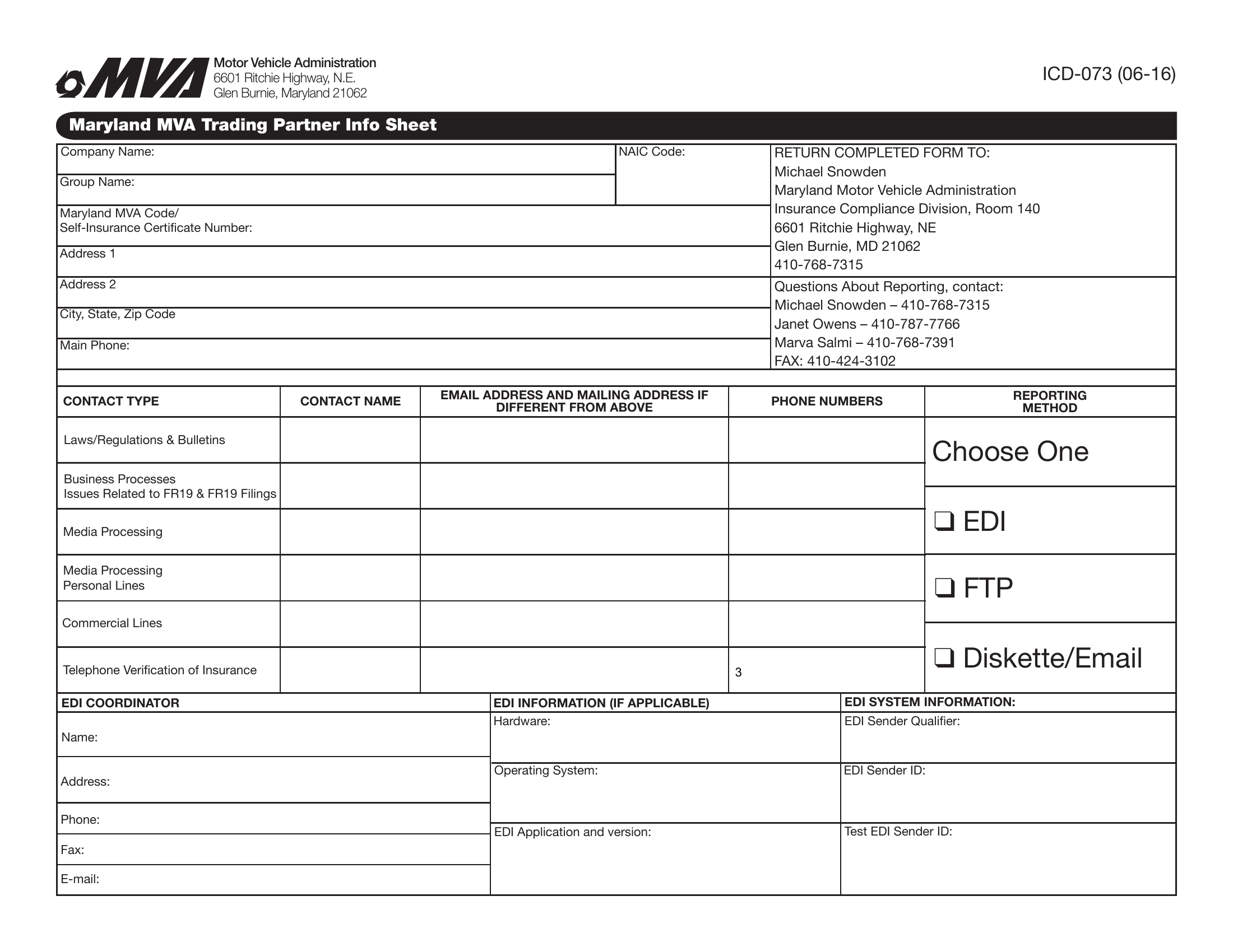 MD MVA Form ICD073 Maryland MVA Trading Partner Info Sheet Forms