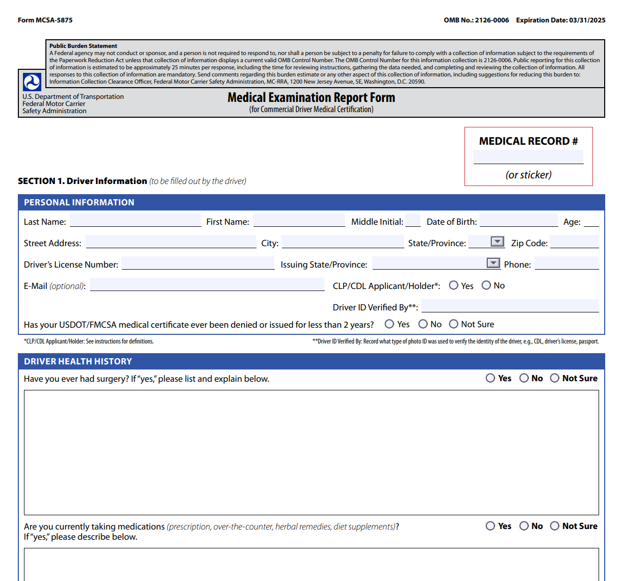 Form MCSA 5875 Medical Examination Report MER Forms Docs 2023