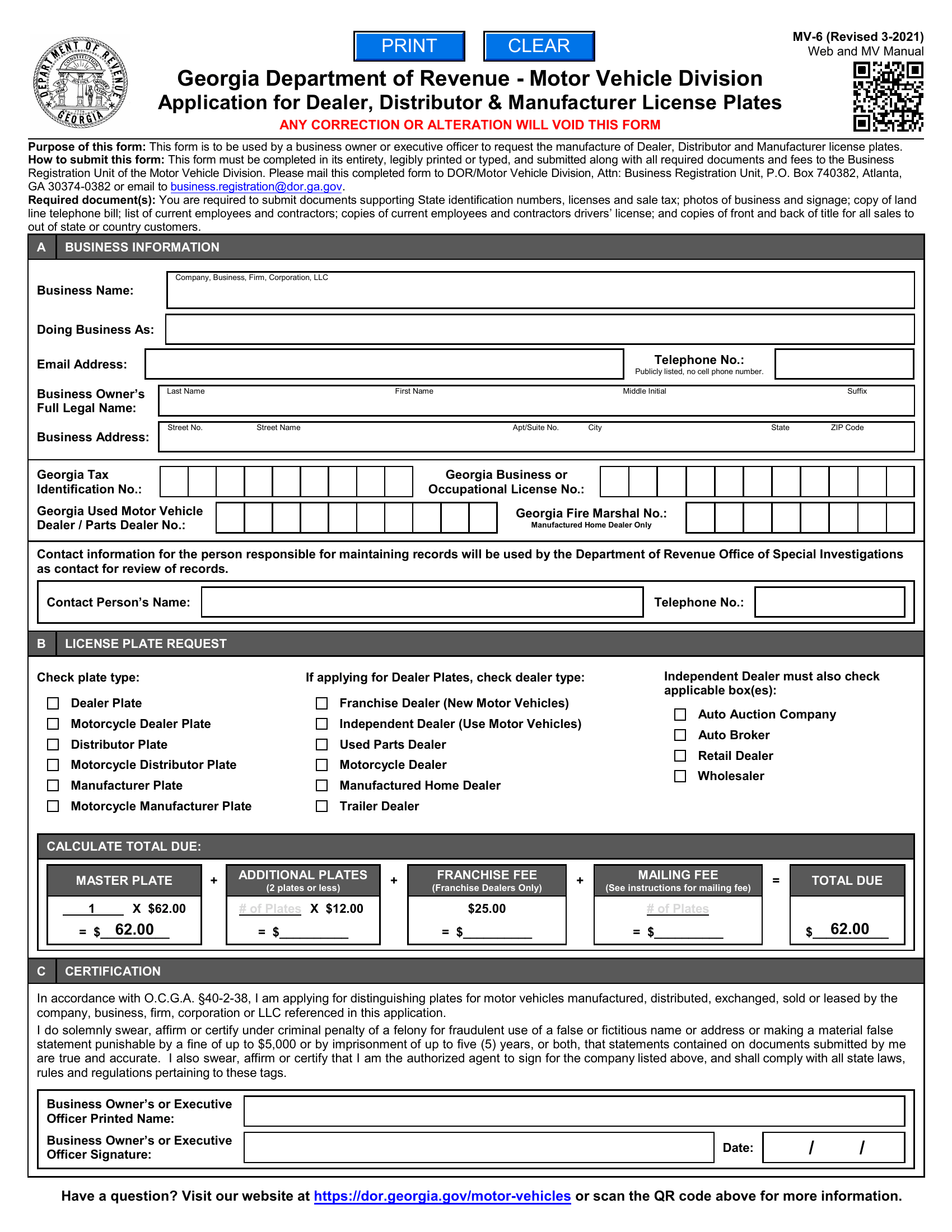 GA DMV Form MV6 Dealer, Distributor & Manufacturer License Plate Application Forms Docs 2023