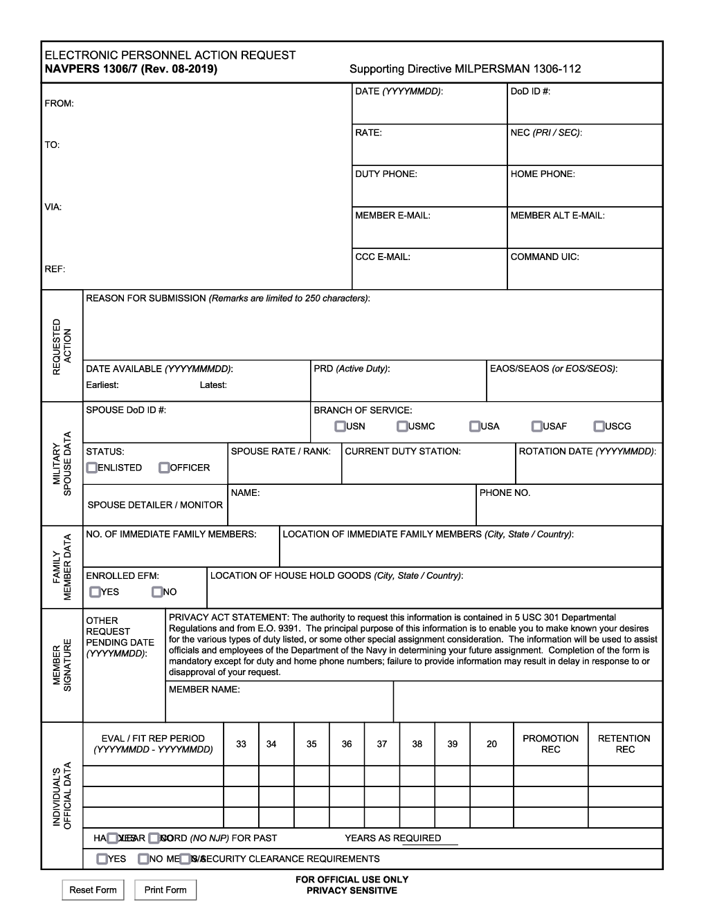 NAVPERS Form 1306/7. Electronic Personnel Action Request | Forms - Docs - 2023