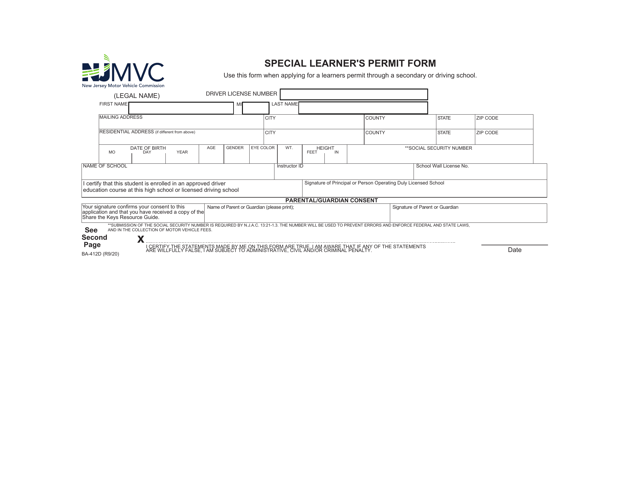 NJ MVC Form BA-412D - Student Learner's Permit Form | Forms - Docs - 2023