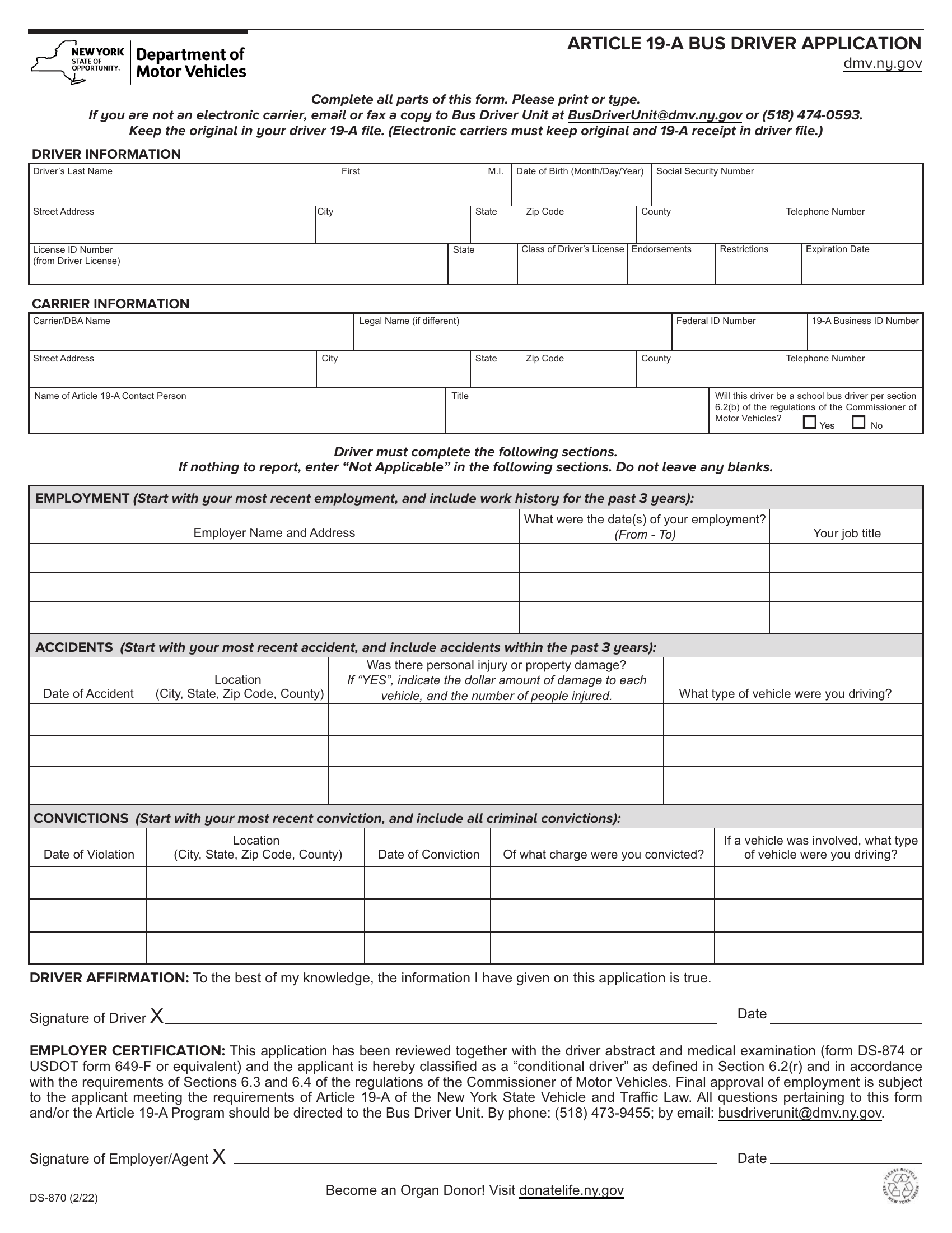 NYS DMV Form DS-870. Article 19-A Bus Driver Application | Forms - Docs ...