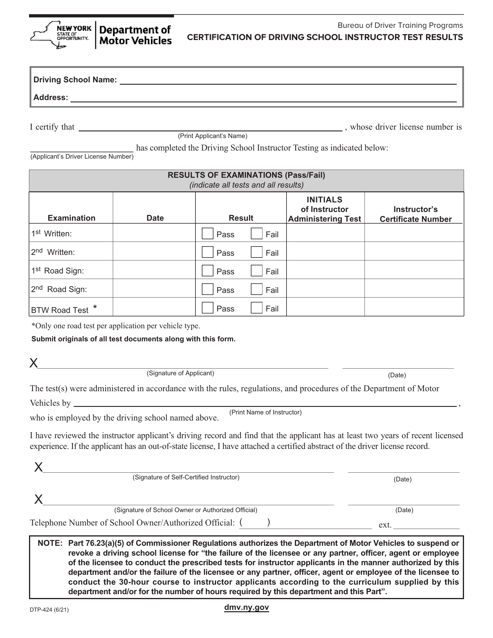 NYS DMV Form DTP-424. Certification of Driving School Instructor Test  Results