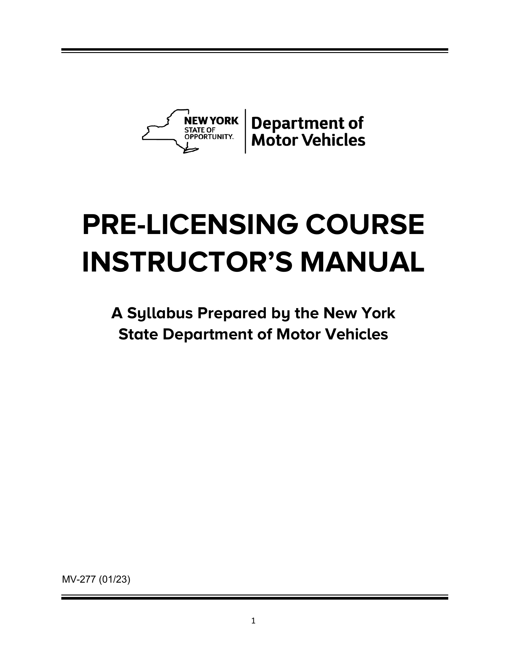 NYS DMV Form MV277. Prelicensing Course Instructor's Manual Forms