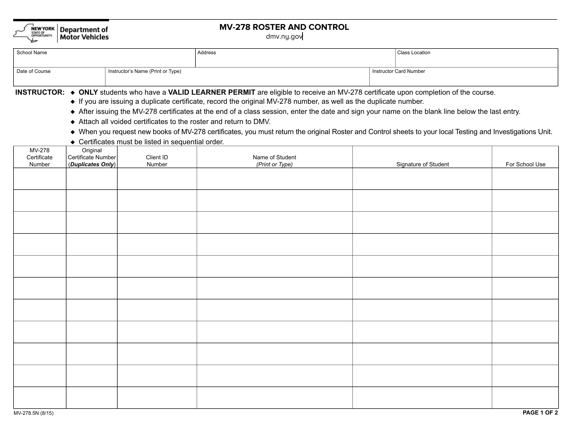 NYS DMV Form MV278.5N. Roster and Control (Prelicensing Course