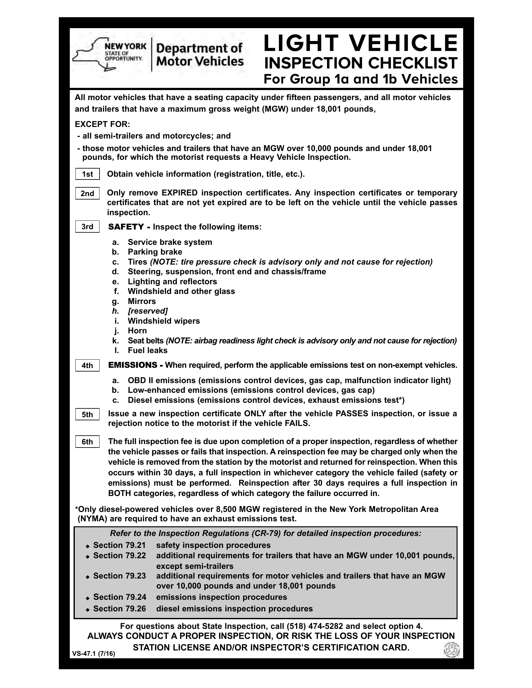 NYS DMV Form VS47.1. Light Vehicle Inspection Checklist Forms Docs