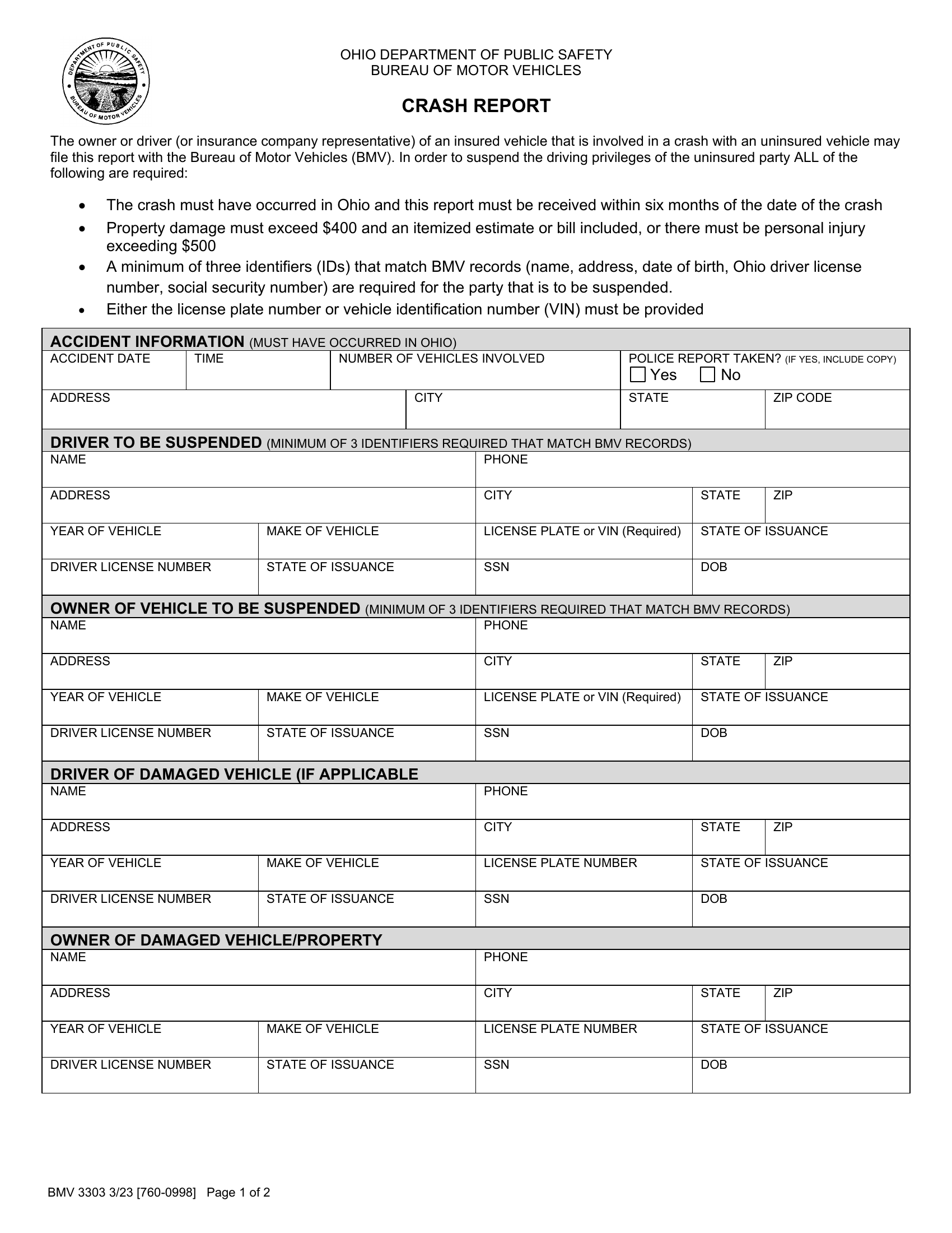 Form BMV 3303 Crash Report Forms Docs 2023