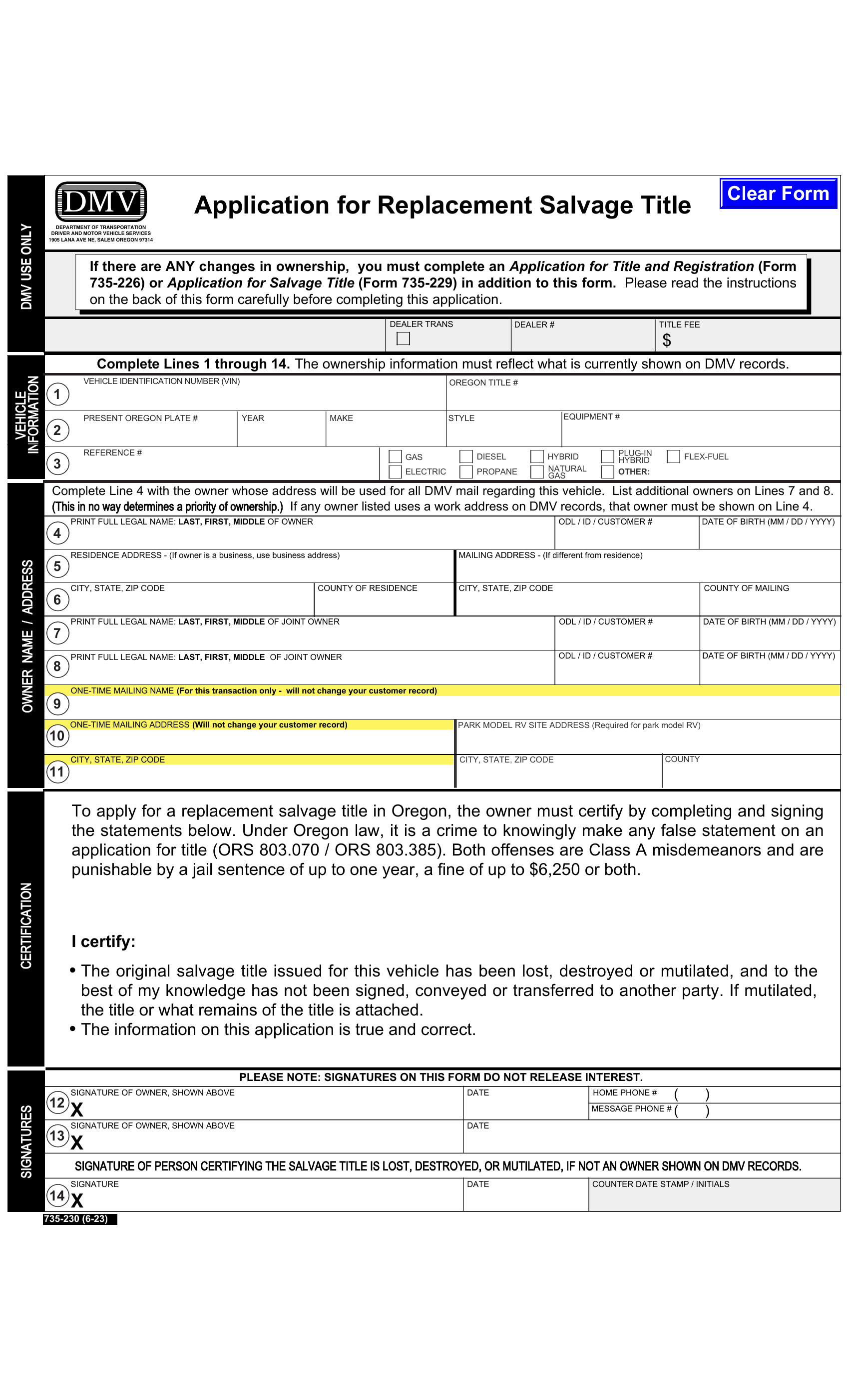 Oregon Dmv Form 735 0230 Salvage Title Application For Replacement Forms Docs 2023 4604