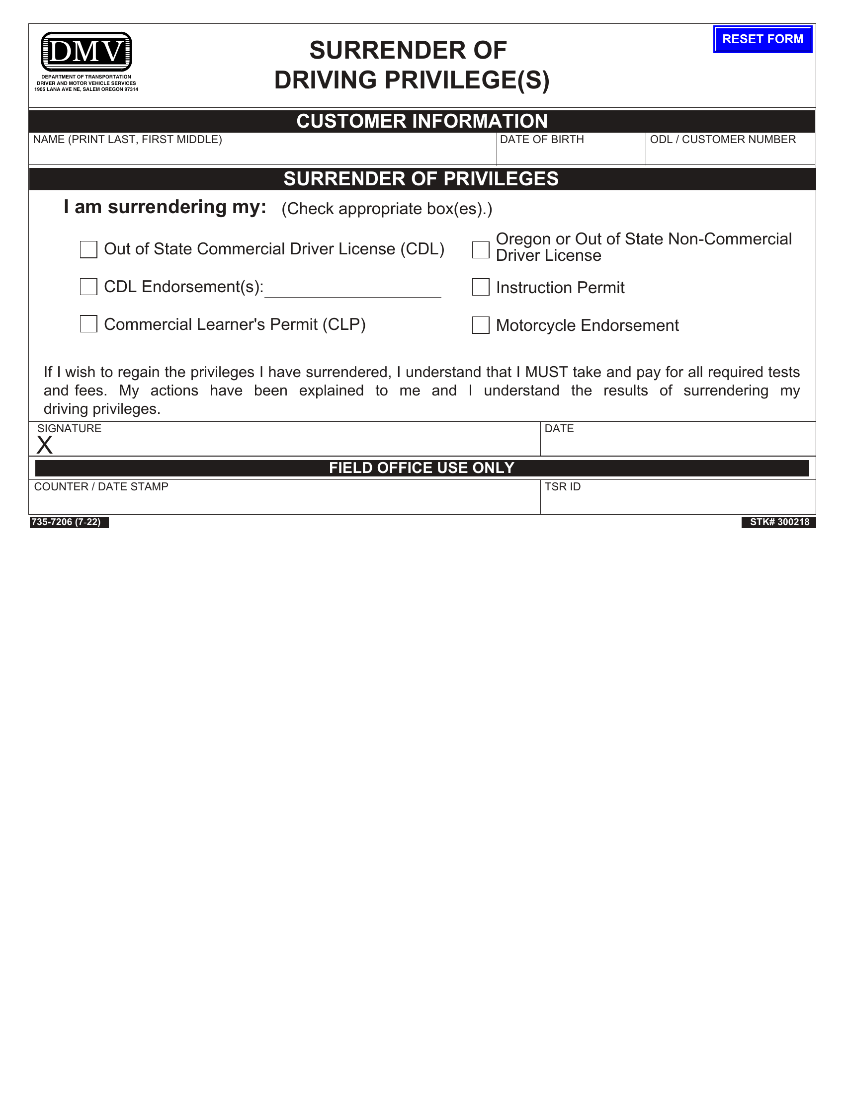 Oregon DMV Form 735-7206. Surrender of Driving Privilege(s) | Forms - Docs - 2023