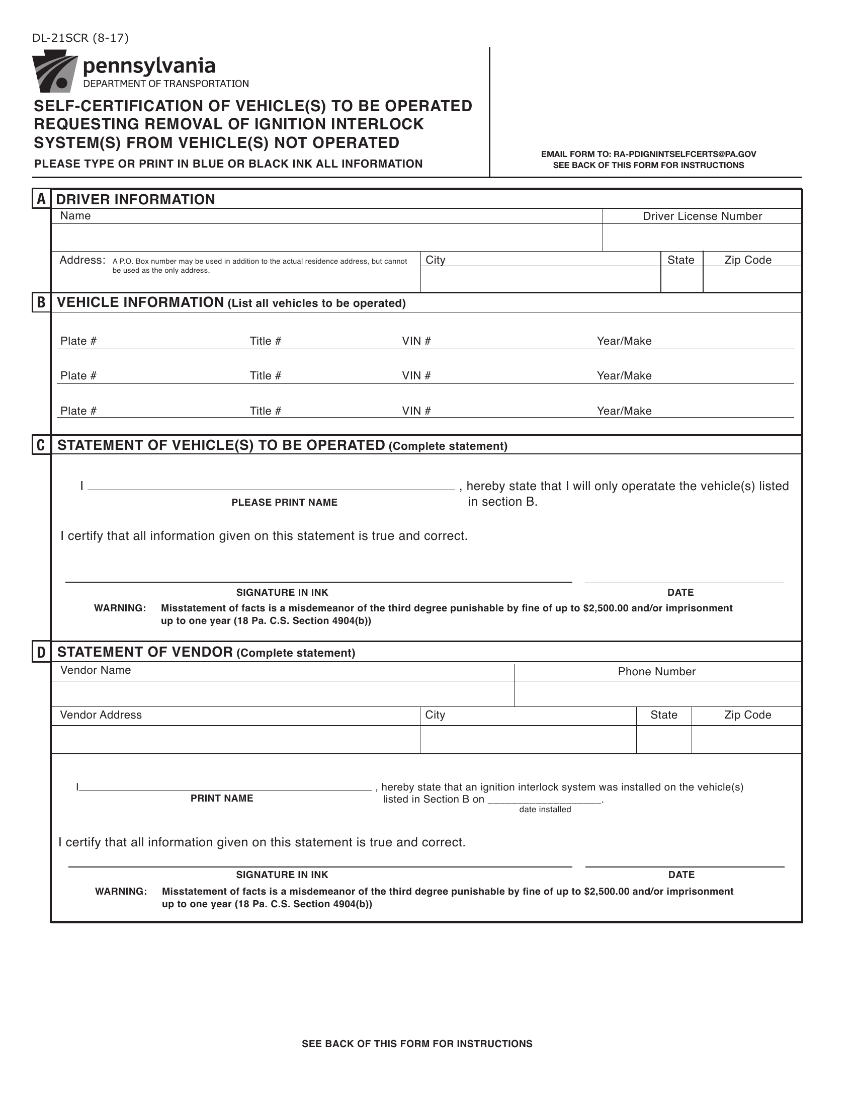 PA DOT Form DL21SCR. Self Certification of Vehicles Requesting Removal