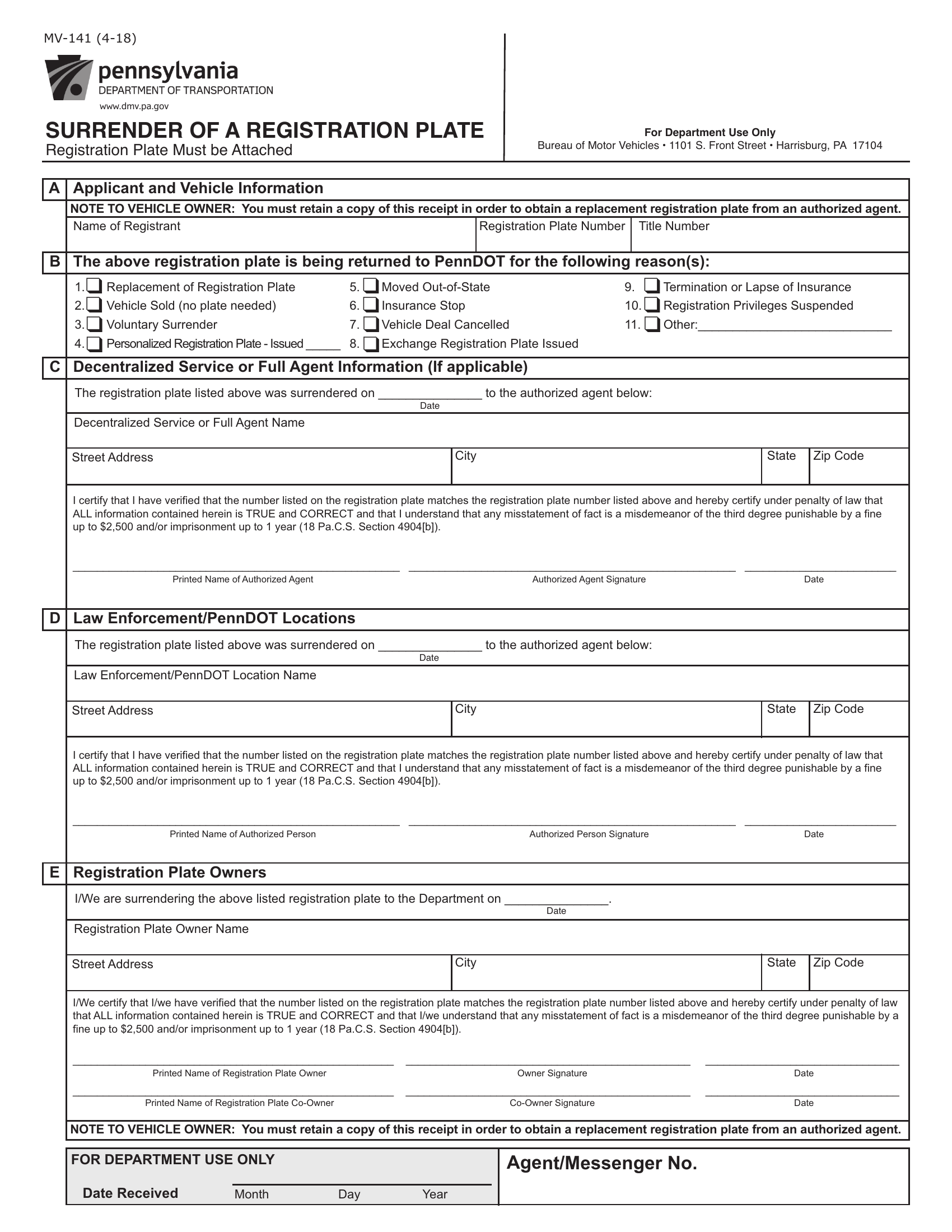 PA DMV Form MV141. Returned Registration Plate Forms Docs 2023