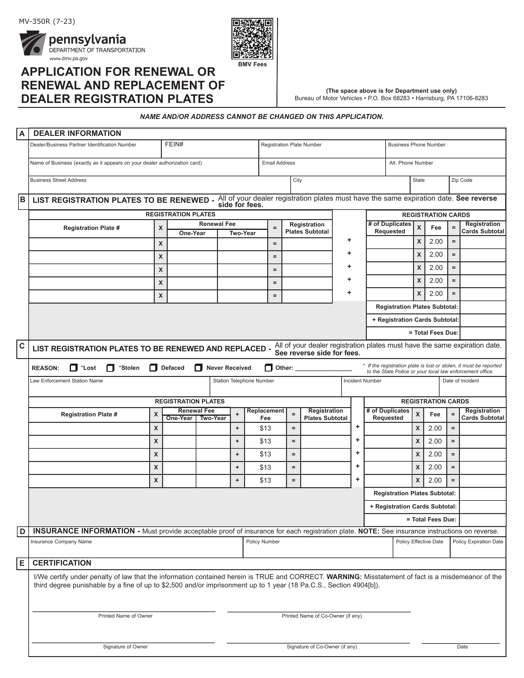 Pa Dmv Form Mv 350r Renewal Or Replacement Request Of Dealer