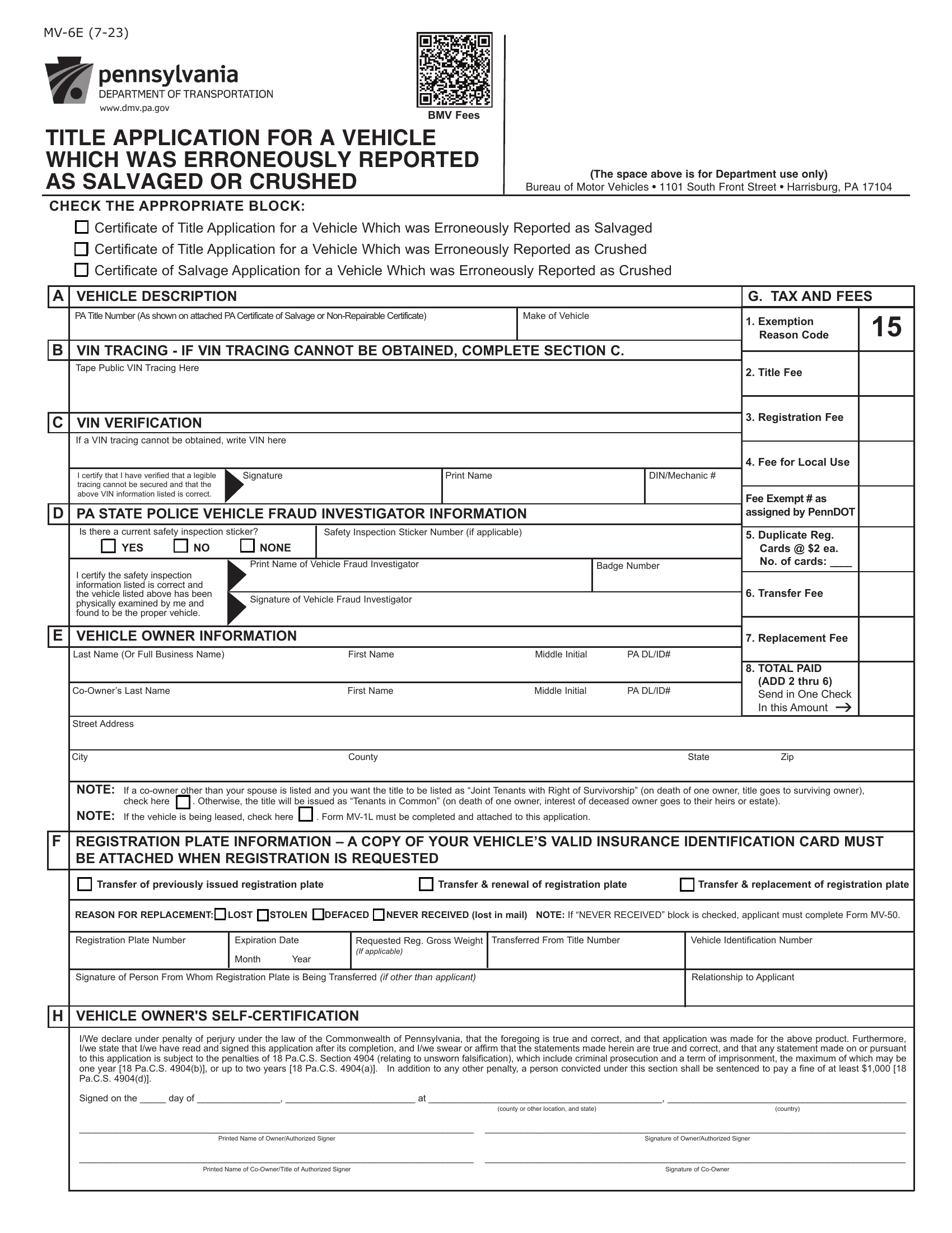 Pa Dmv Form Mv 6e Title Application For A Vehicle Which Was Erroneously Reported As Salvaged Or 6459