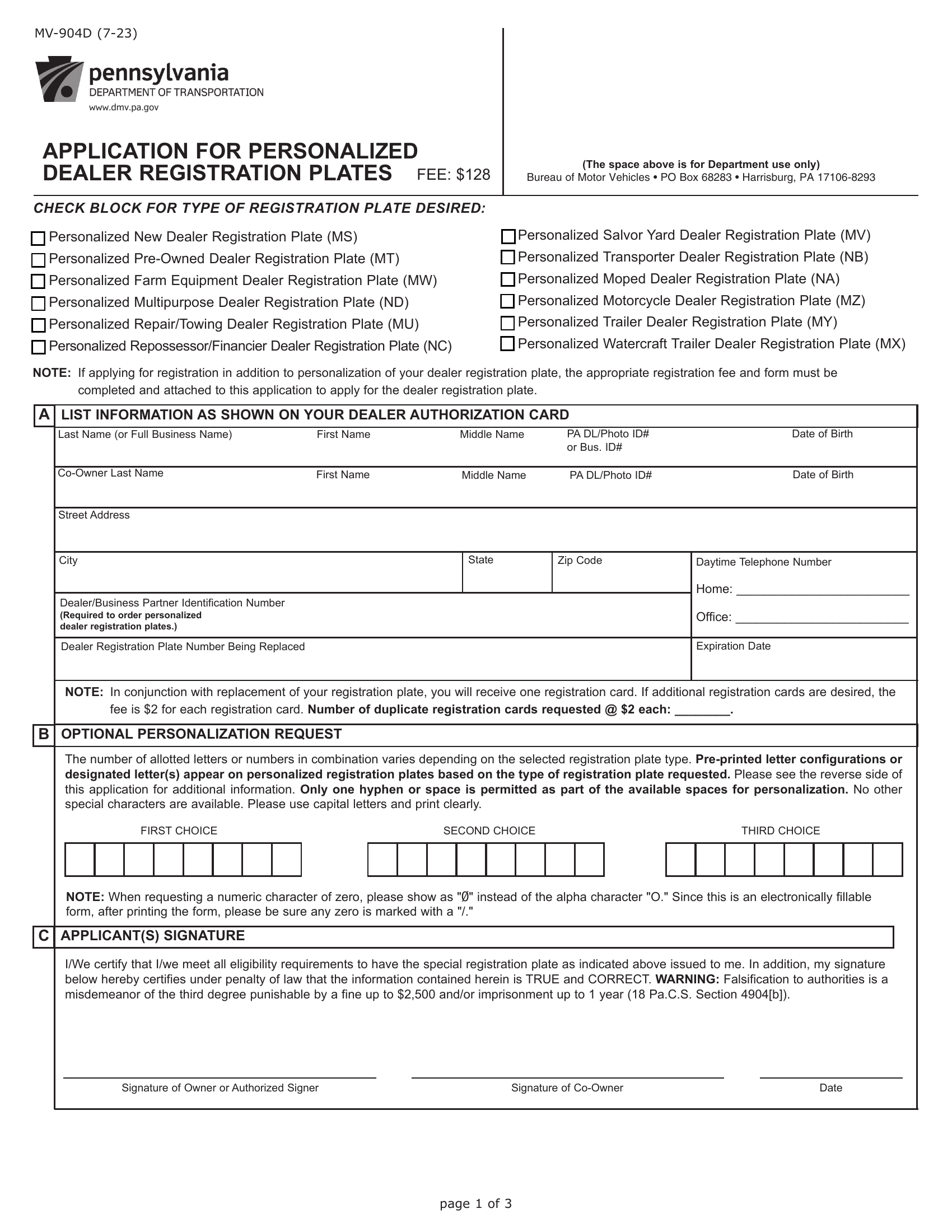 PA DMV Form MV-904D. Application For Personalized Dealer Registration