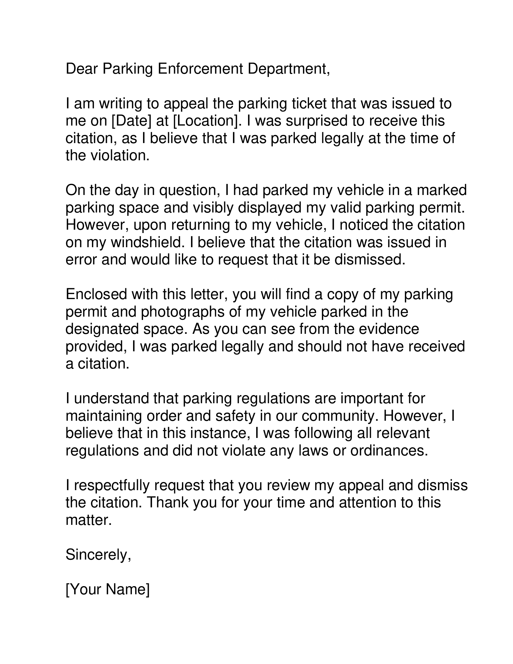 parking ticket appeal letter template