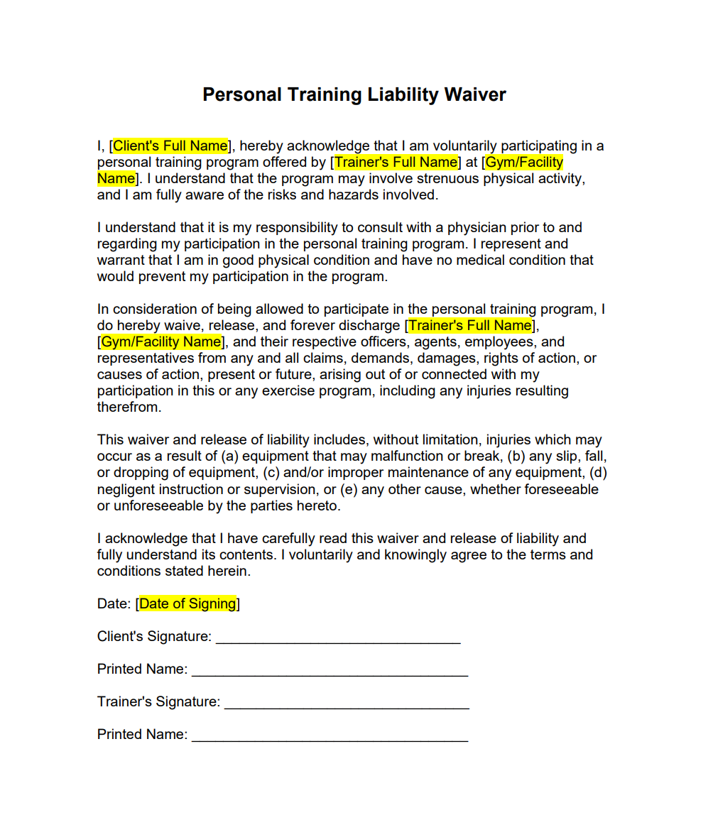 Personal Training Liability Waiver Forms Docs 2023
