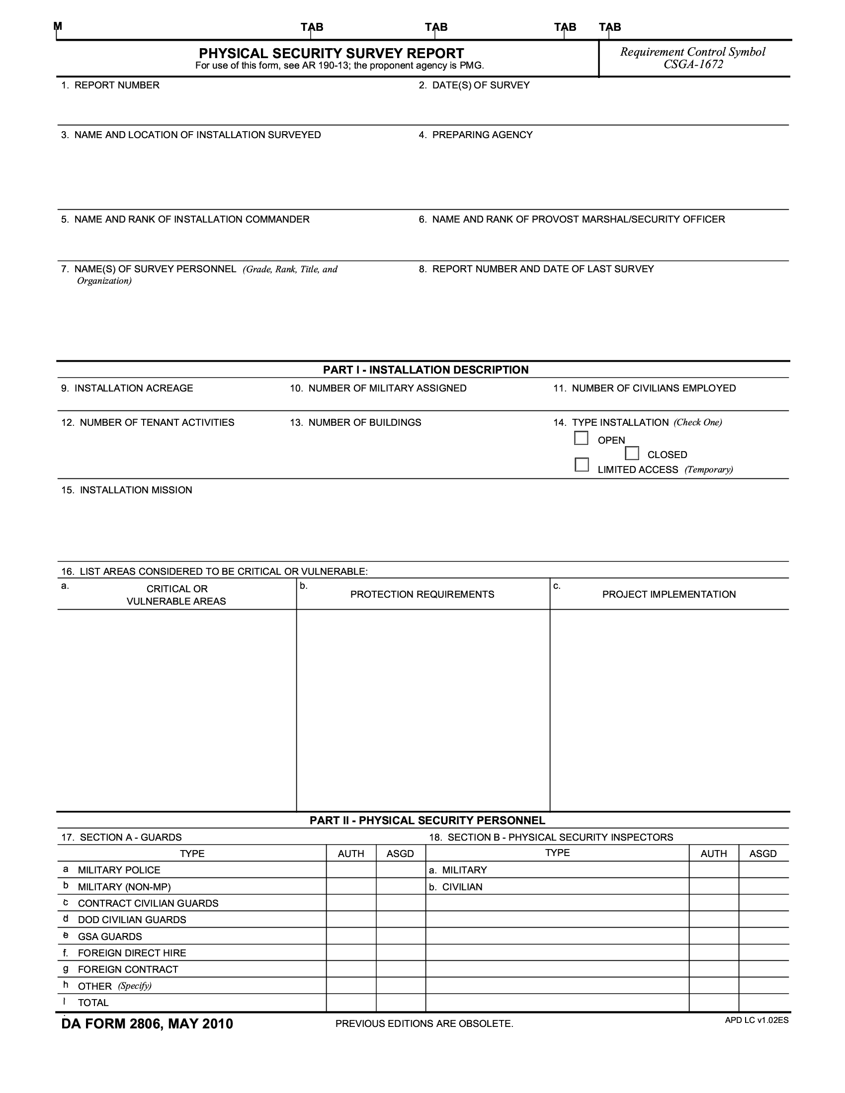 DA Form 2806 Physical Security Survey Report Forms Docs 2023