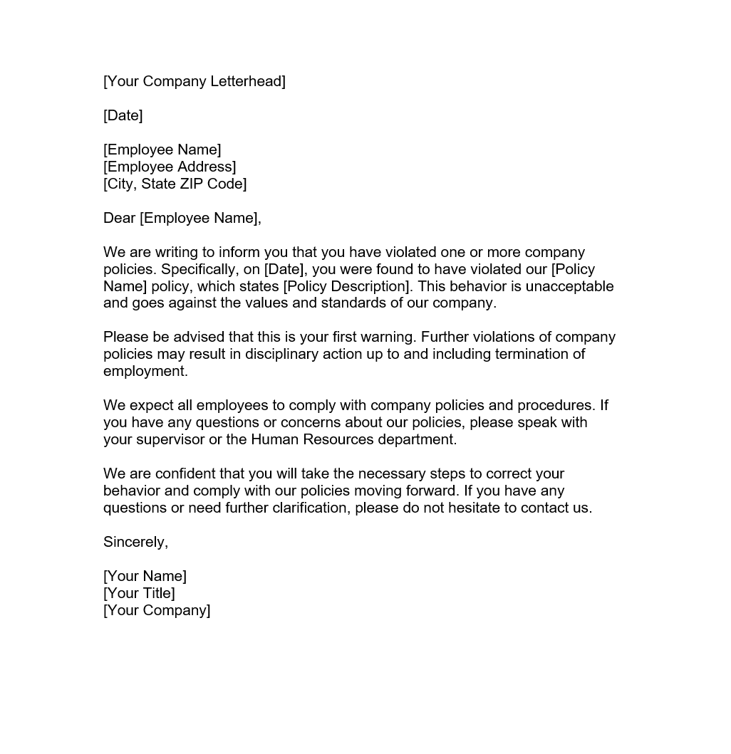 Policy Violation Warning Letter Forms Docs 2023