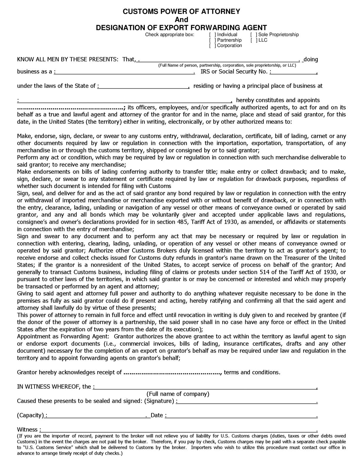 Customs Power Of Attorney Form Fillable - Printable Forms Free Online