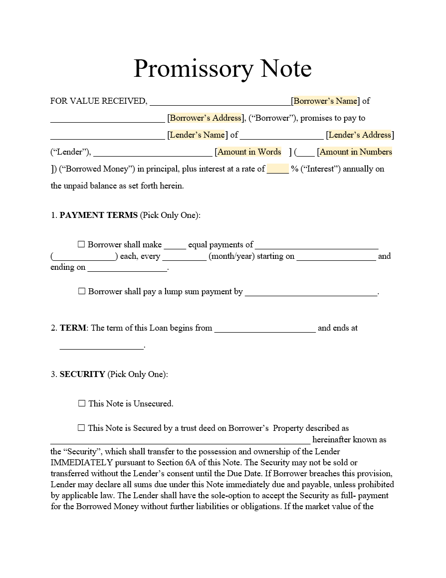 Promissory Note Forms Docs 2023