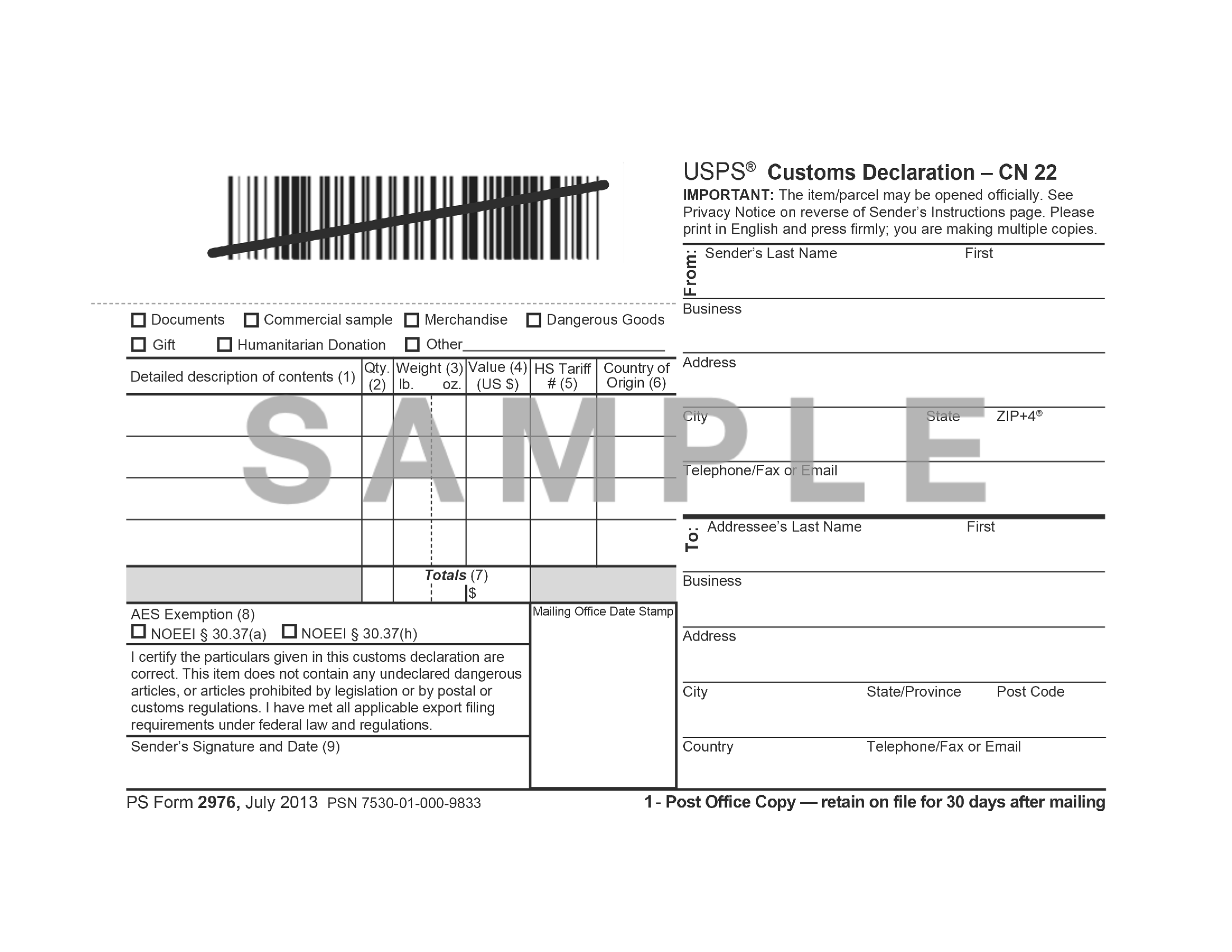 PS Form 2976. Customs Declaration CN 22 Forms Docs 2023