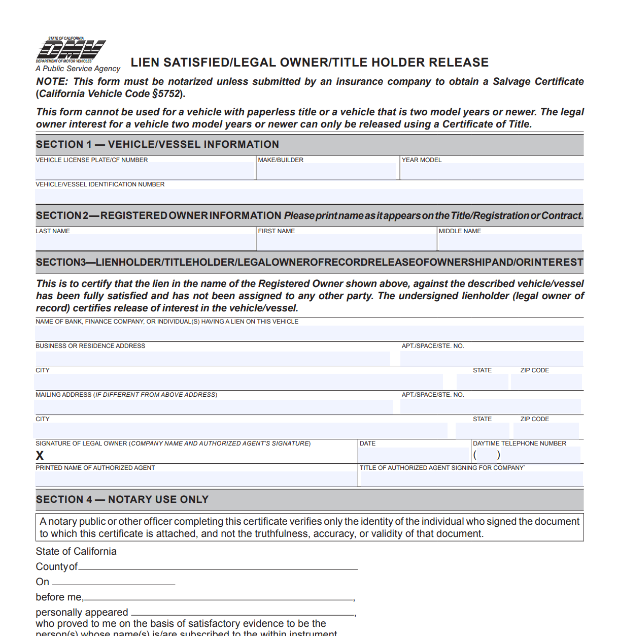 Dmv Form Reg 166 Lien Satisfiedlegal Ownertitle Holder Release Forms Docs 2023 0363