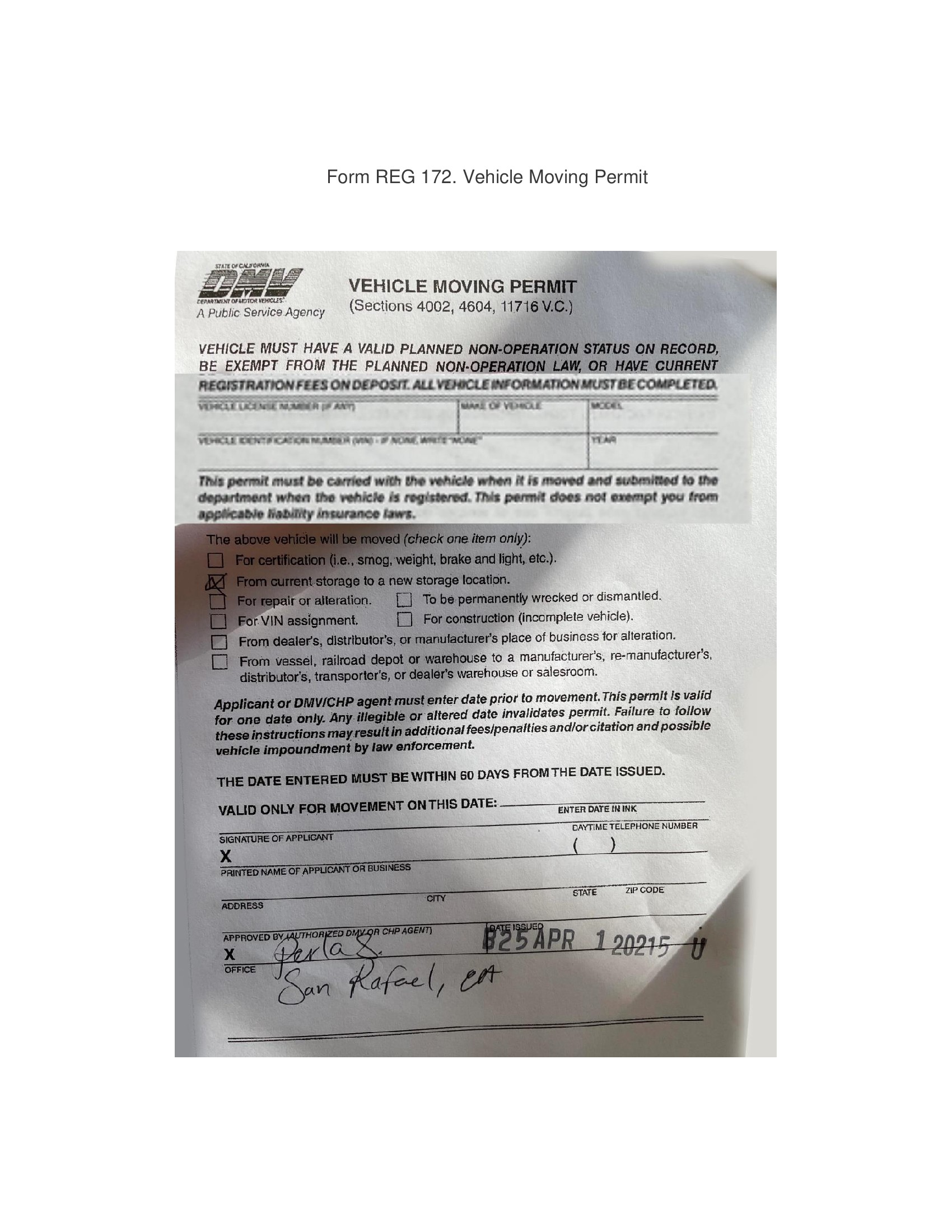Form REG 172. Vehicle Moving Permit Forms Docs 2023