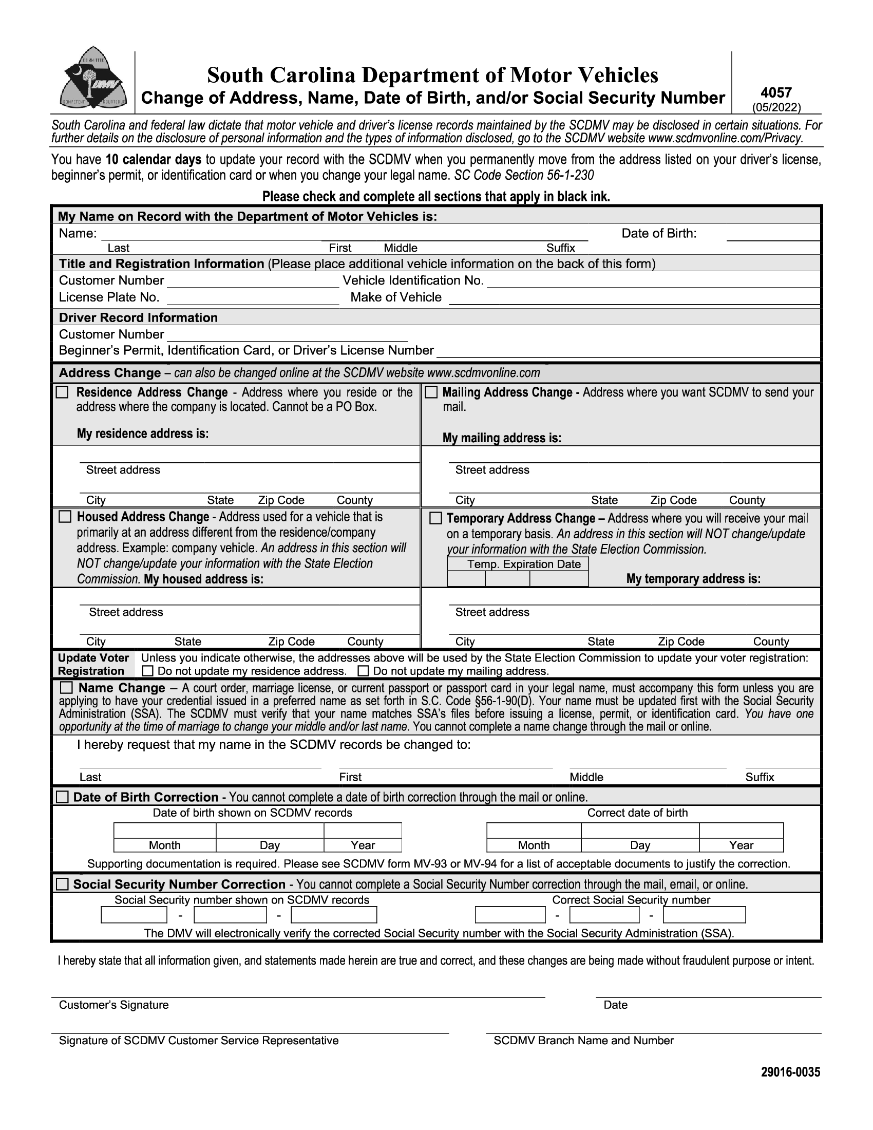 SCDMV Form 4057. Change of Address, Name, Date of Birth, and/or Social