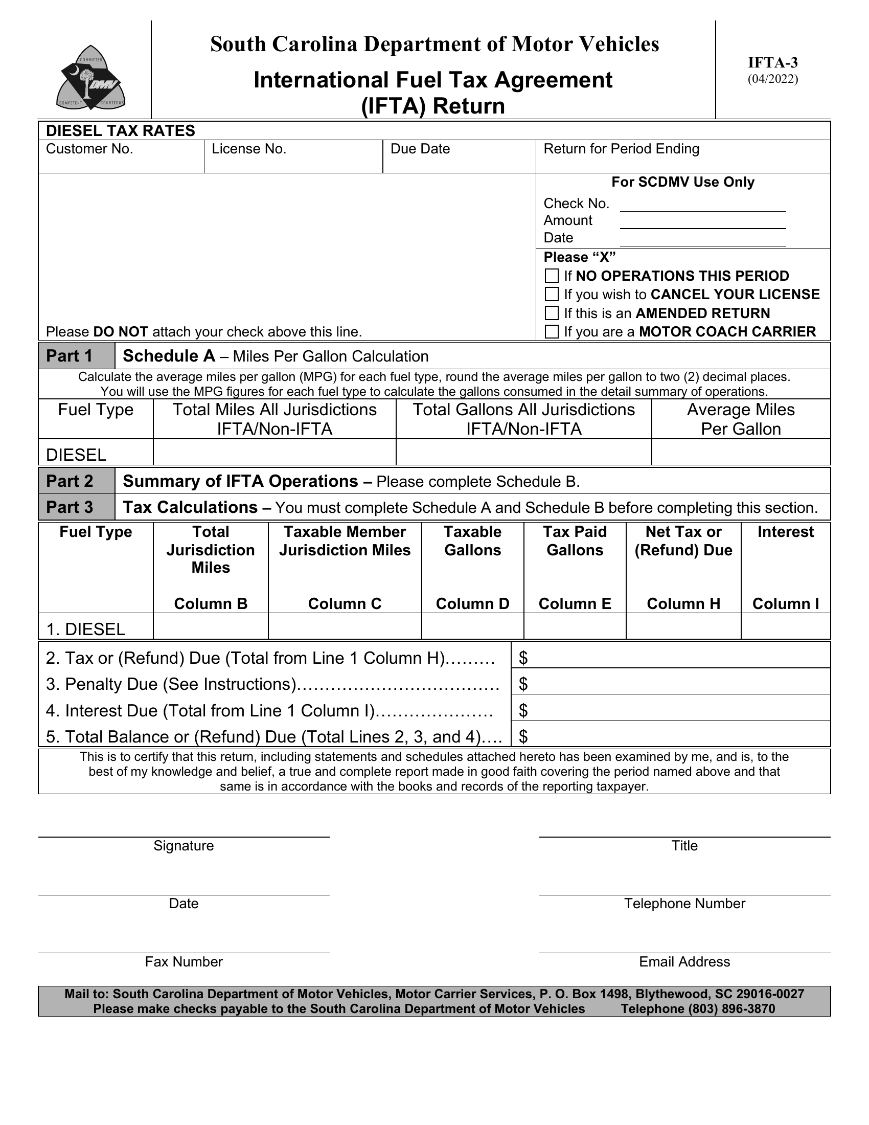 SCDMV Form IFTA-3. IFTA Return | Forms - Docs - 2023
