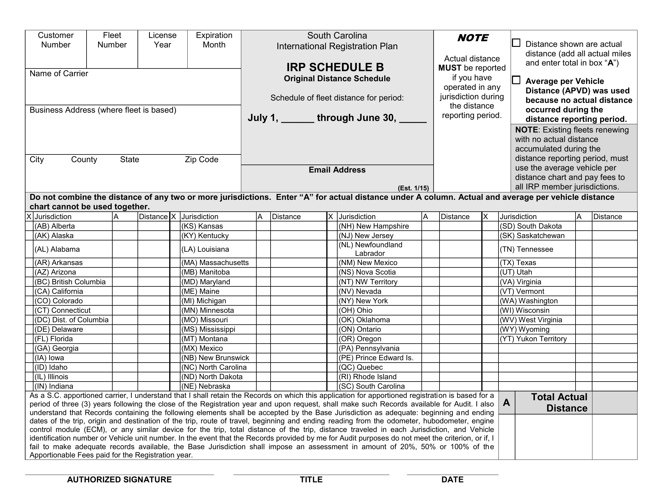 SCDMV Form IRP Schedule B. Original Distance Schedule Forms Docs 2023