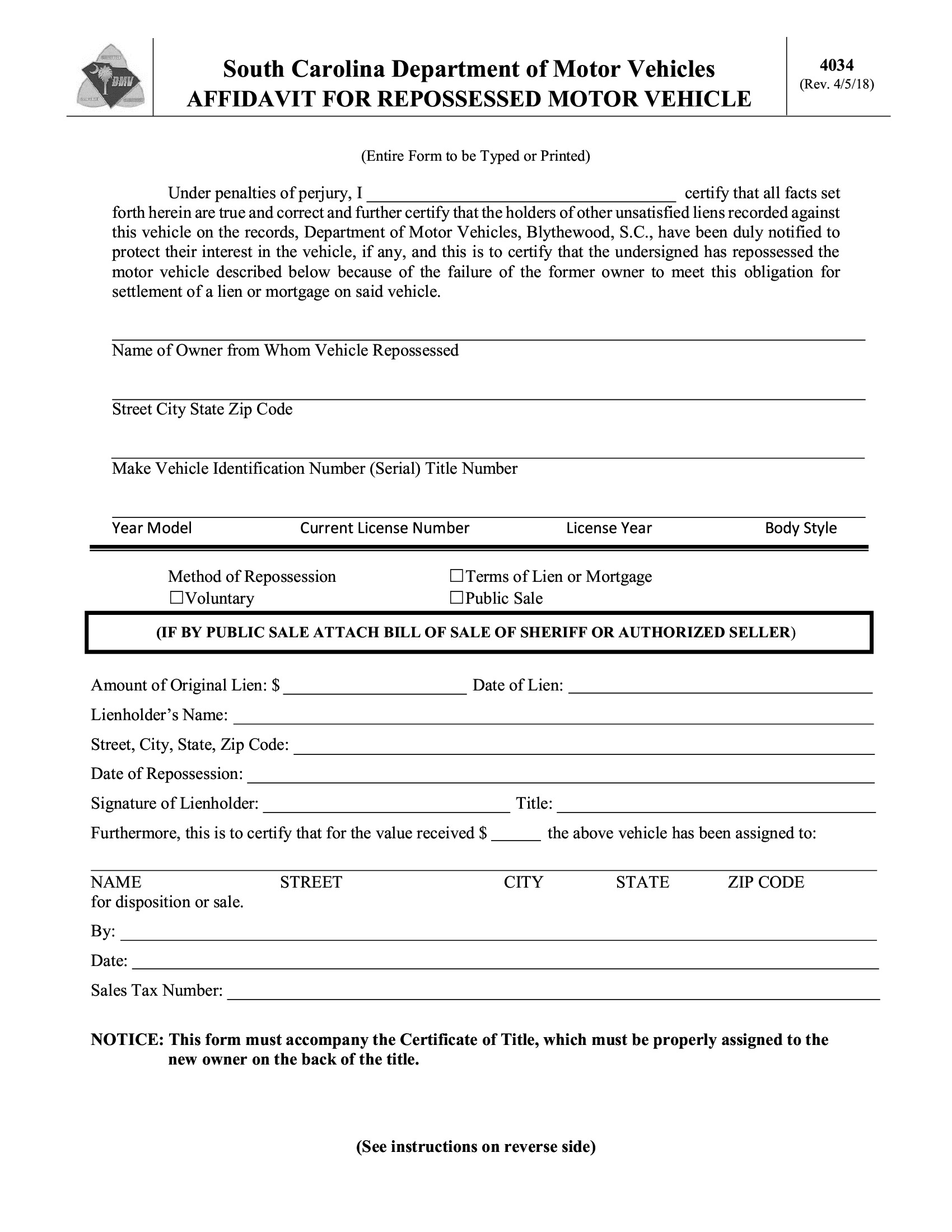 SCDMV Form 4034. Affidavit for Repossessed Motor Vehicle Forms Docs