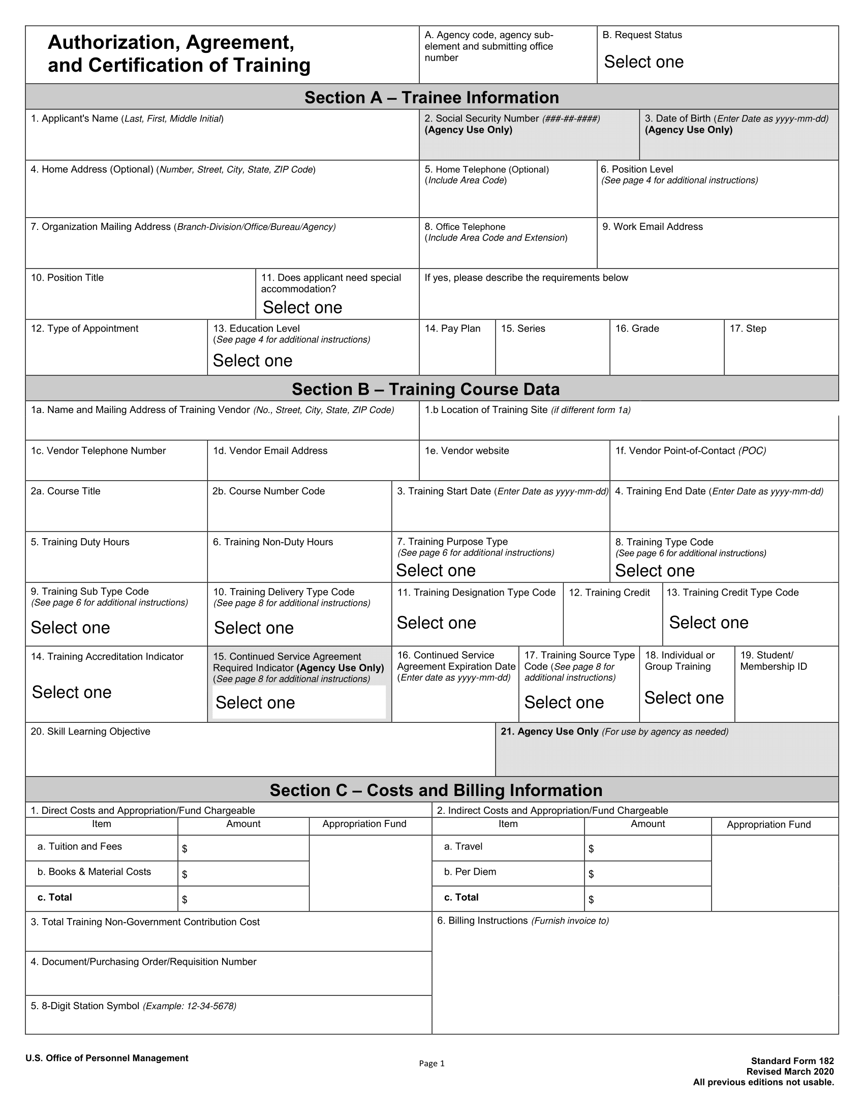 OPM Form SF 182 Fill Out Sign Online And Download Fillable 50 OFF