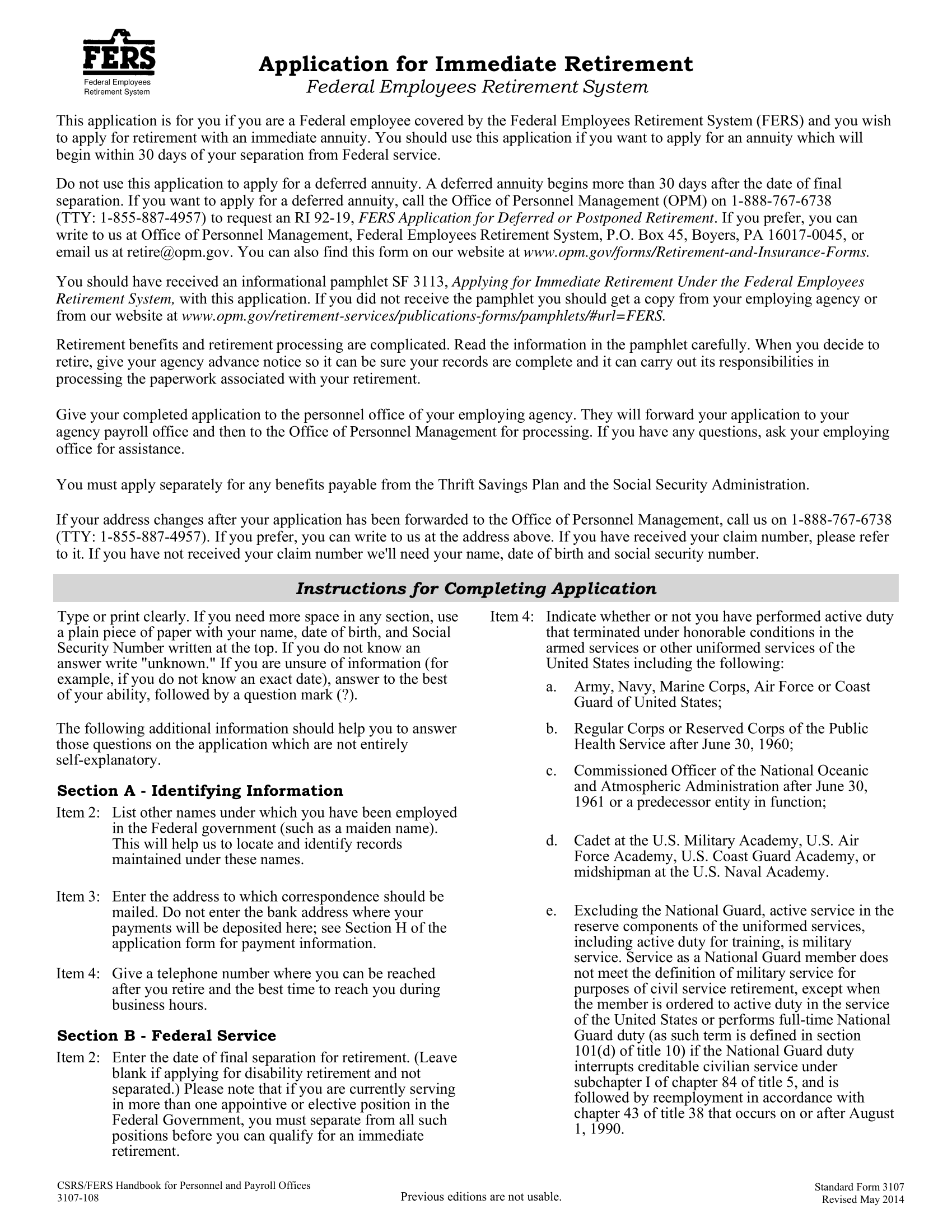 SF 3107 Application For Immediate Retirement Federal Employees SF 3107 Application For Immediate Retirement Federal Employees