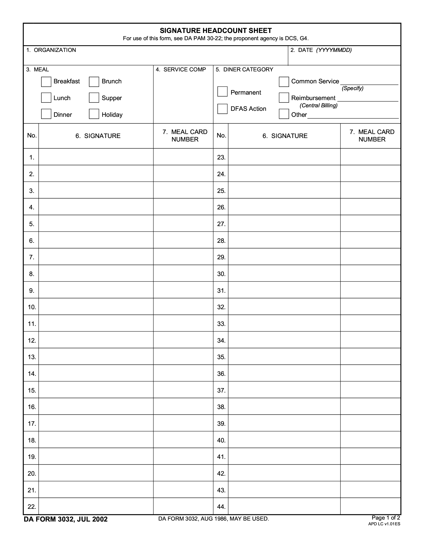 DA Form 3032. Signature Headcount Sheet | Forms - Docs - 2023