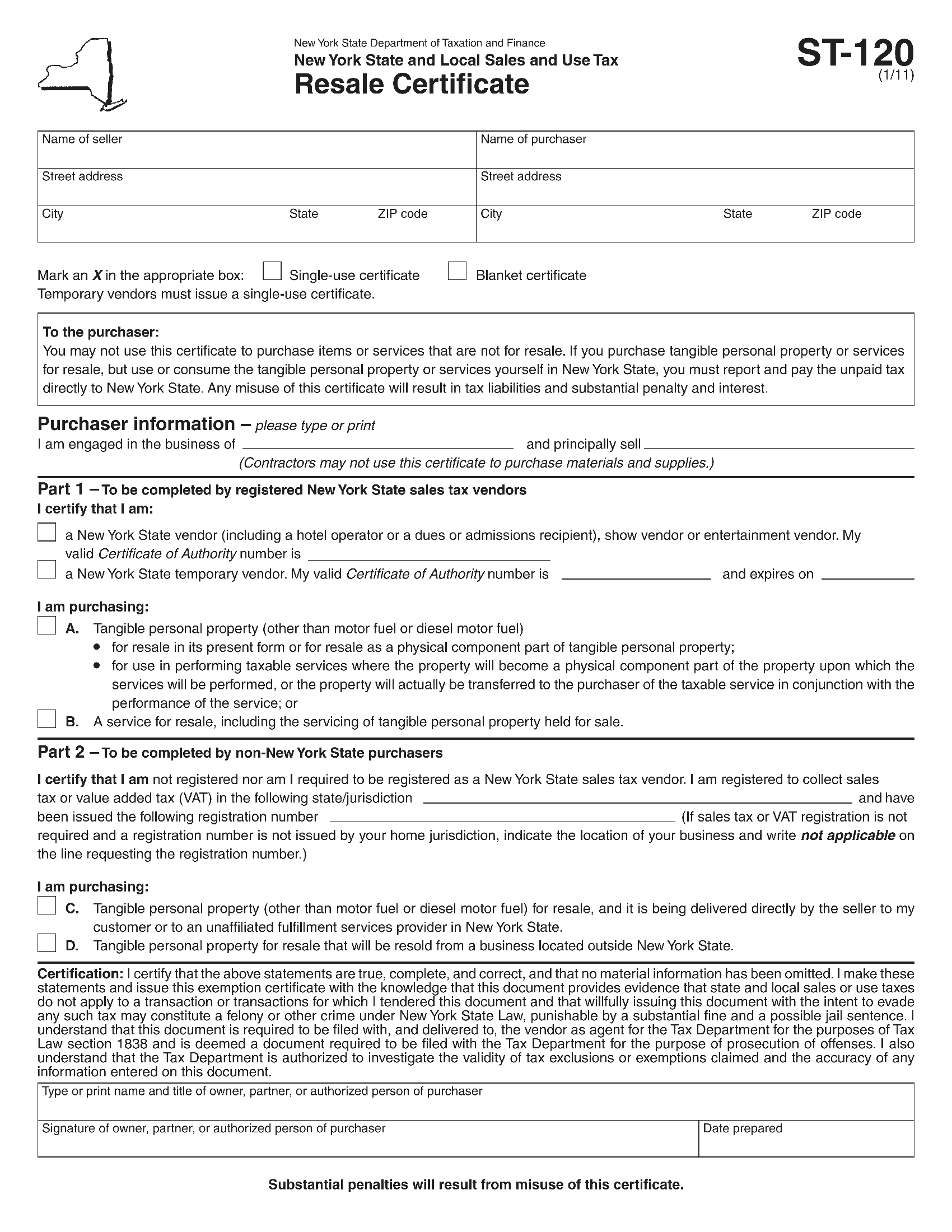 Form ST 120 Resale Certificate (New York) Forms Docs 2023