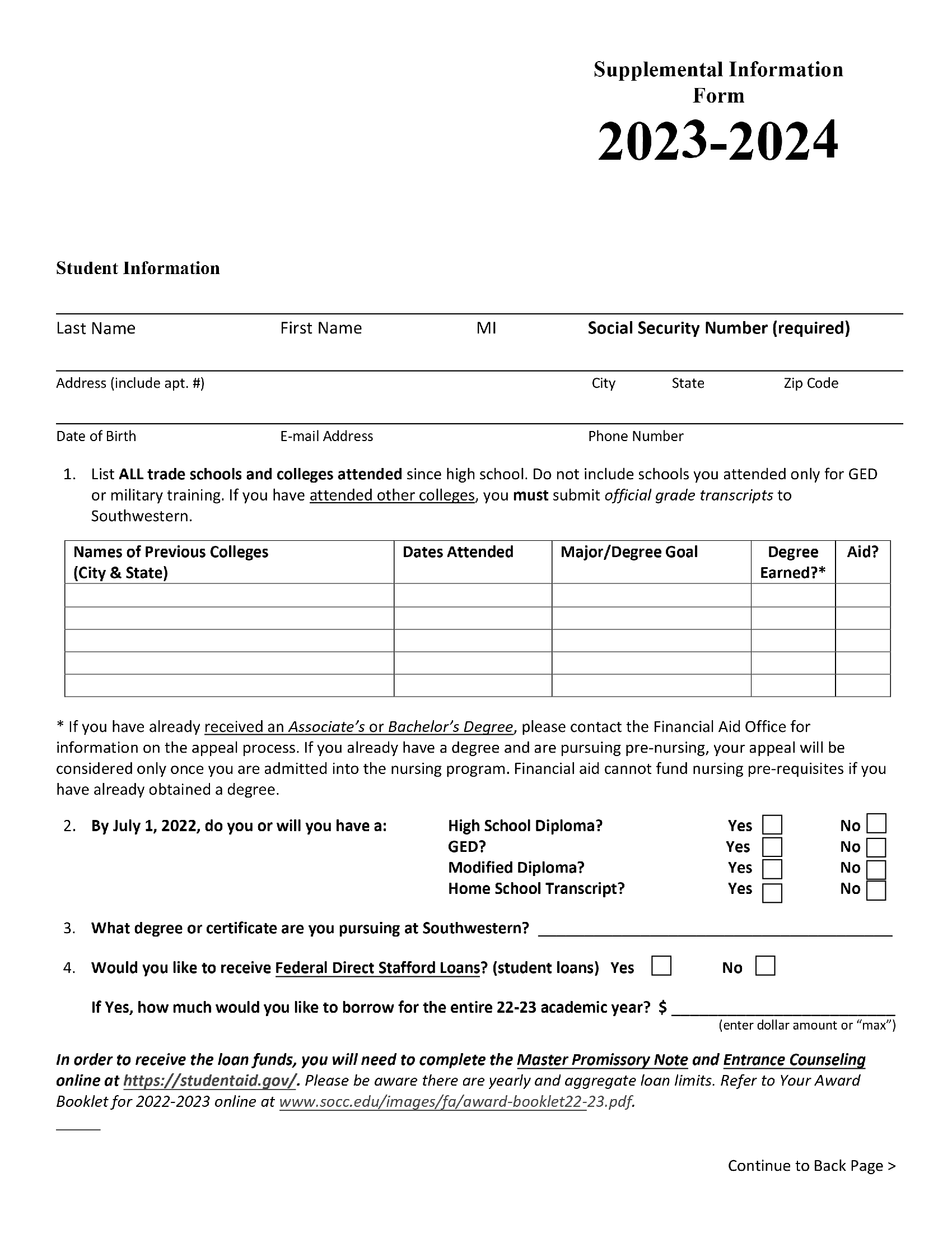 2023 2025 Supplemental Student Enrollment Form Printable Forms Free