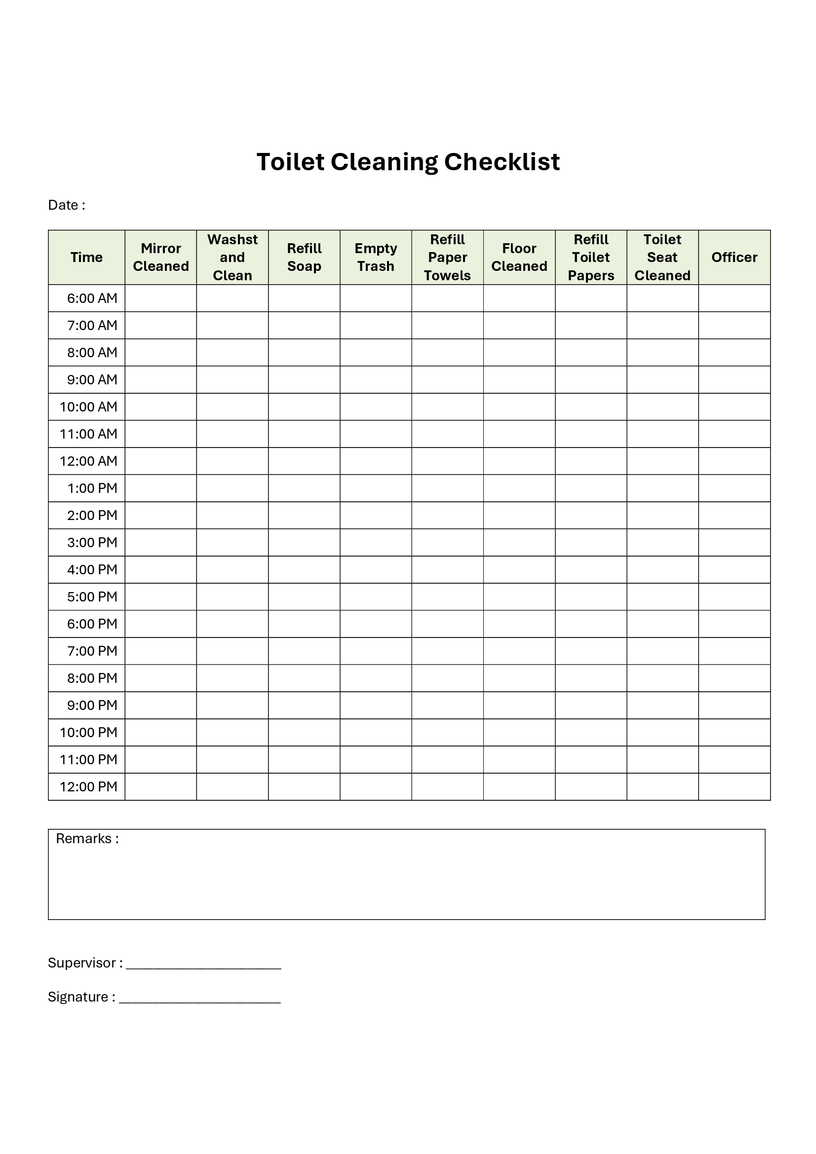 Toilet Cleaning Checklist In Excel