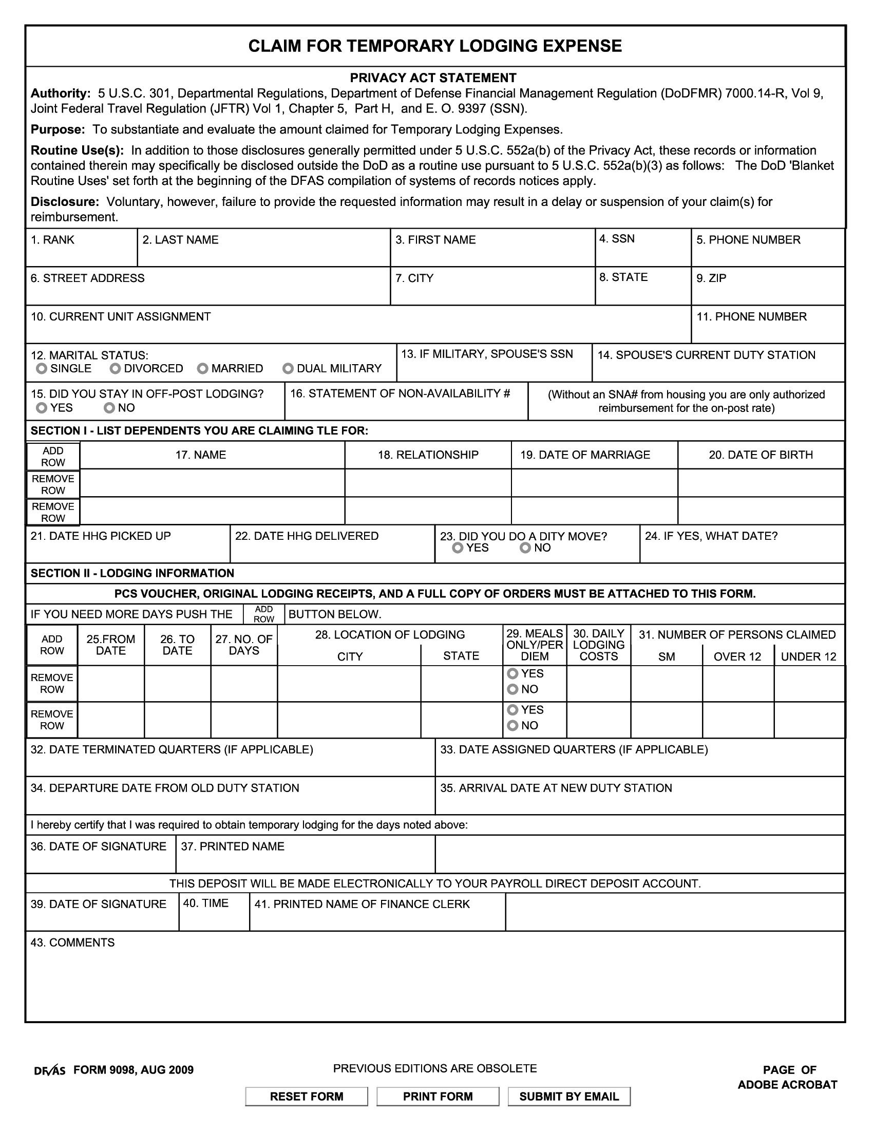 DFAS Form 9098. Claim for Temporary Lodging Expense Forms Docs 2023