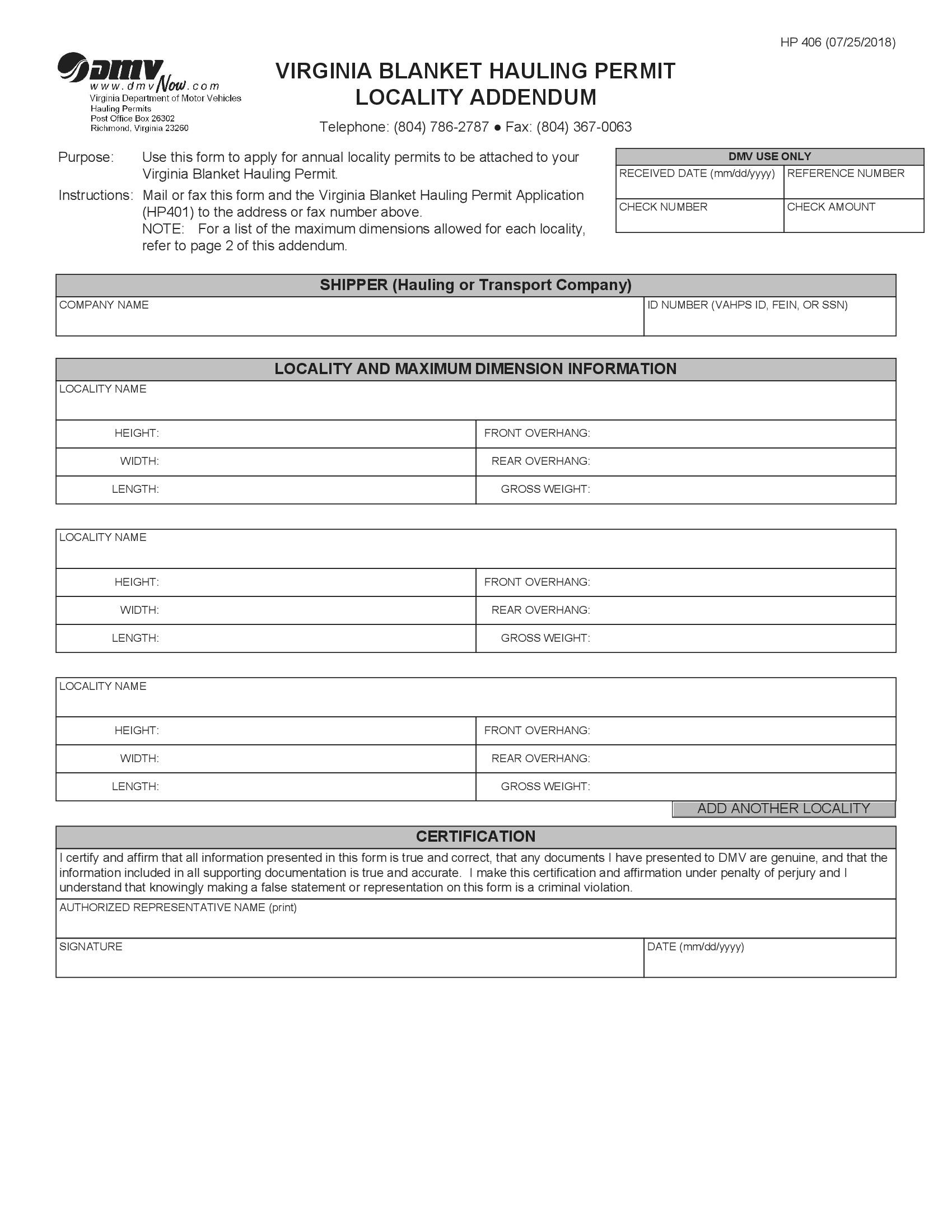 Form HP 406 Virginia Blanket Hauling Permit Permit Locality Addendum   Va Dmv Hp 406 