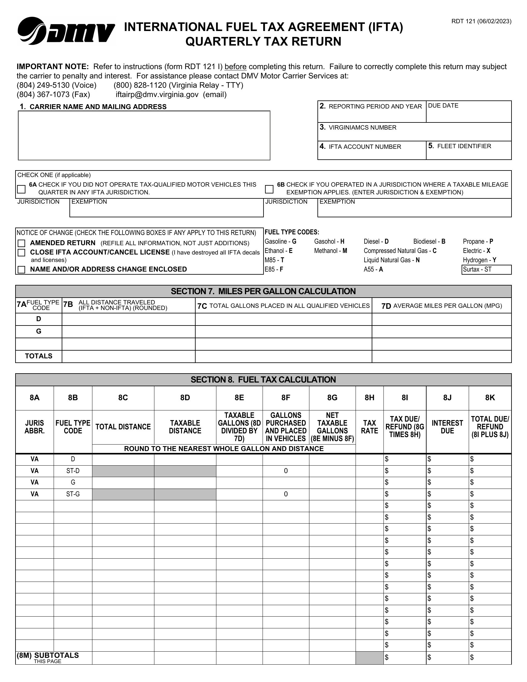 Form RDT 121. IFTA Quarterly Tax Report Virginia Forms Docs 2023