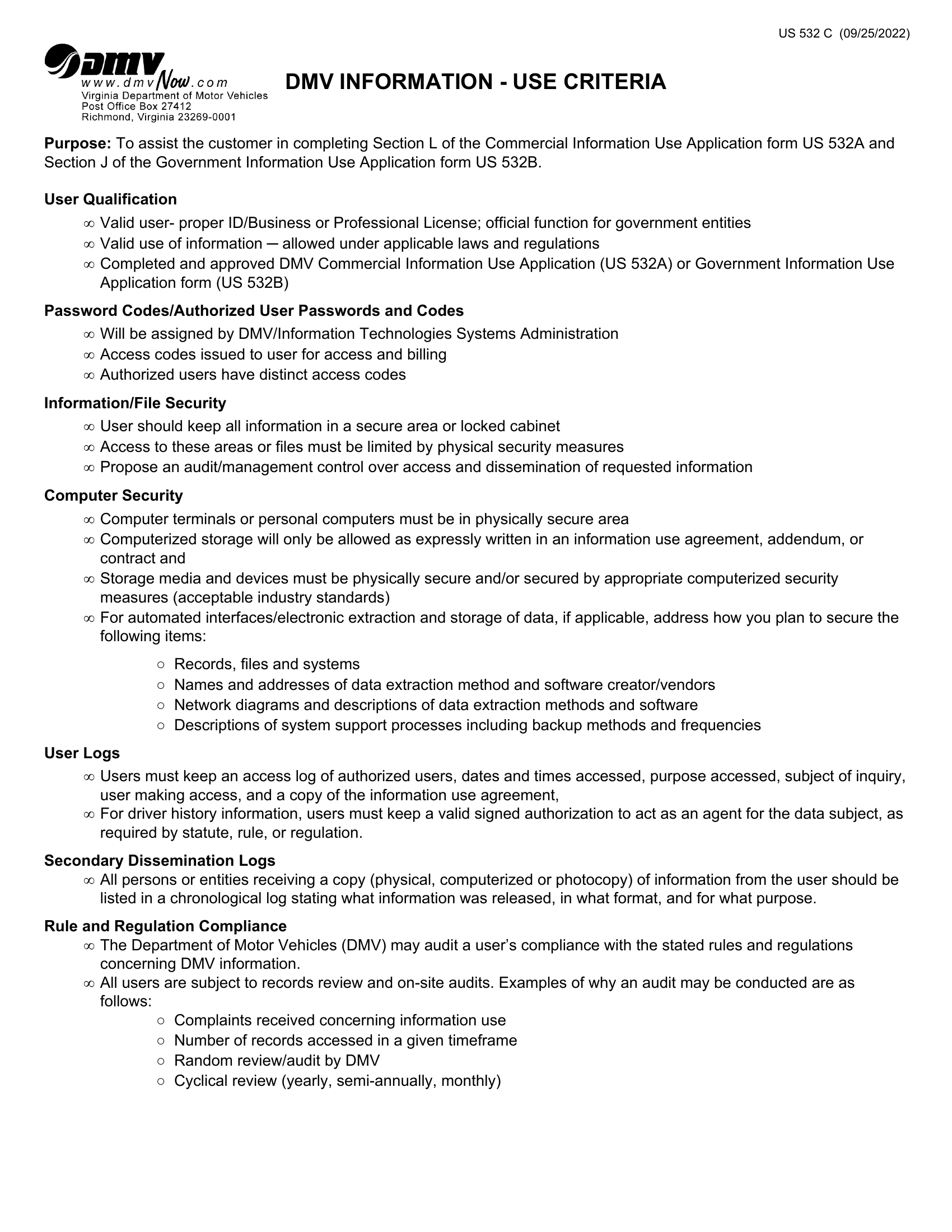 Form US 532C DMV Information Use Criteria Virginia Forms Docs 2023