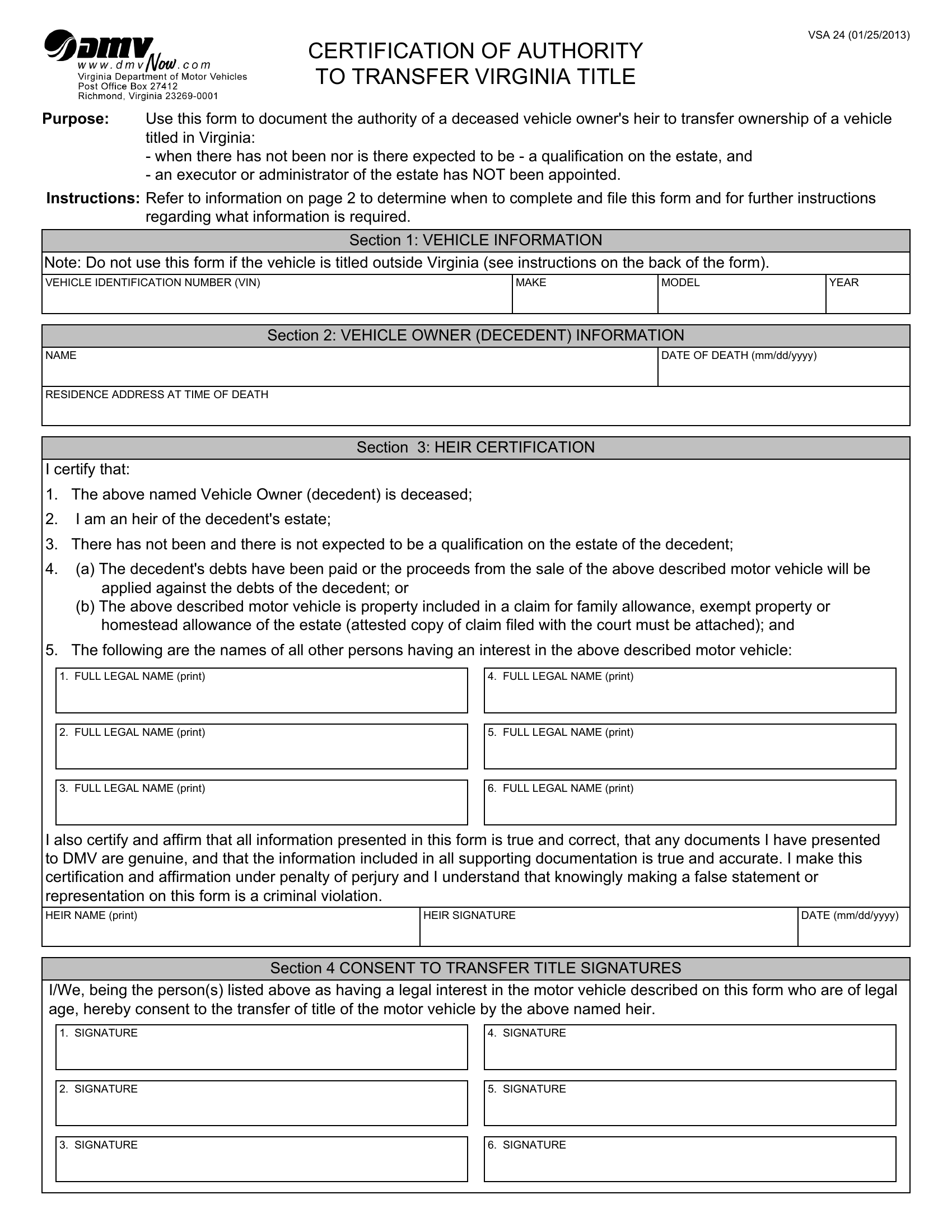 Form VSA 24. Statement of Authority to Assign Title - Virginia | Forms ...